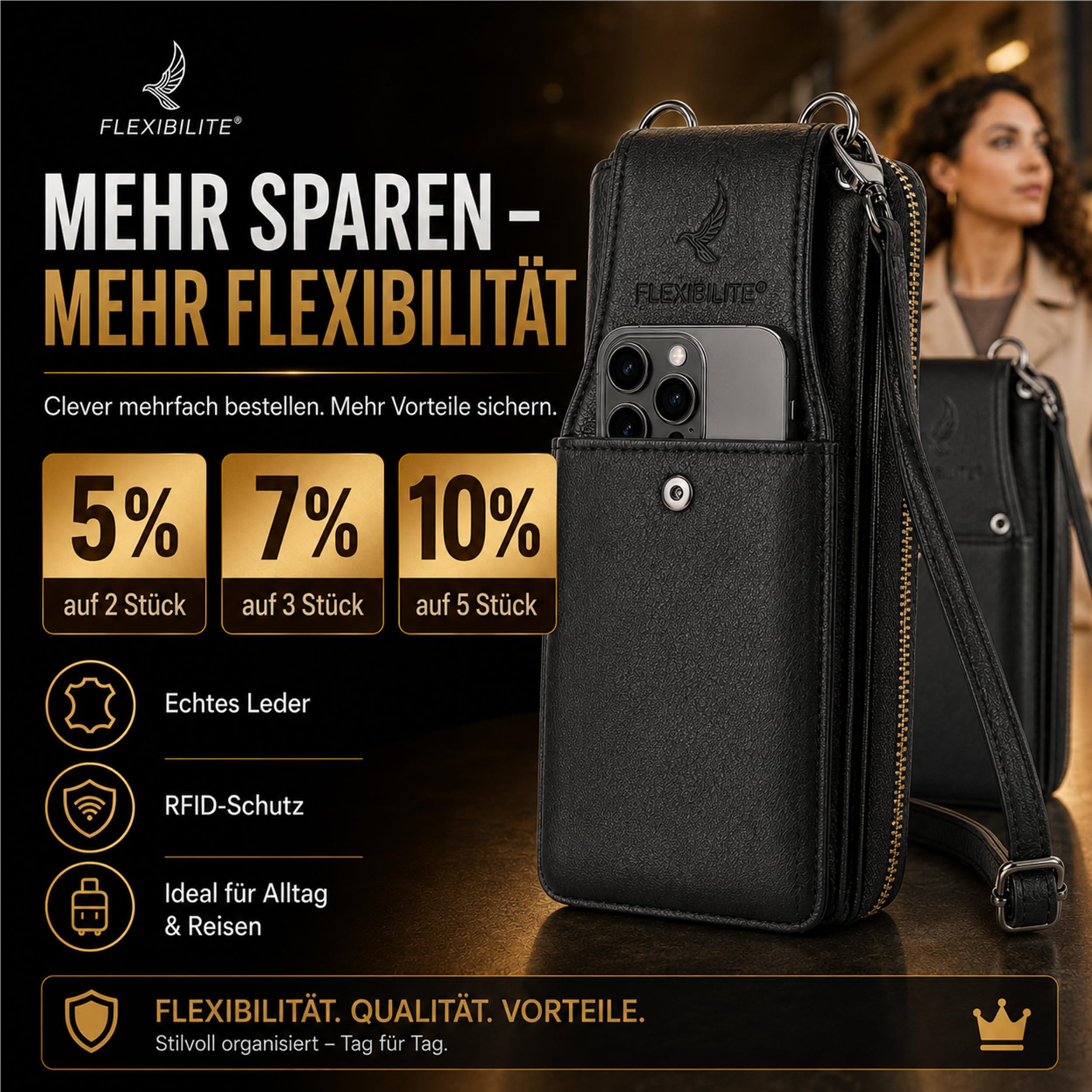 Handytasche Zum Umhängen Mit Portemonnaie (Tasche 20×11×5 cm - Handyfach 17×9×3 cm) - Echt Leder Handy-Umhängetasche Damen - Handytasche Mit Geldbörse - 220 g - Schwarz [2026]