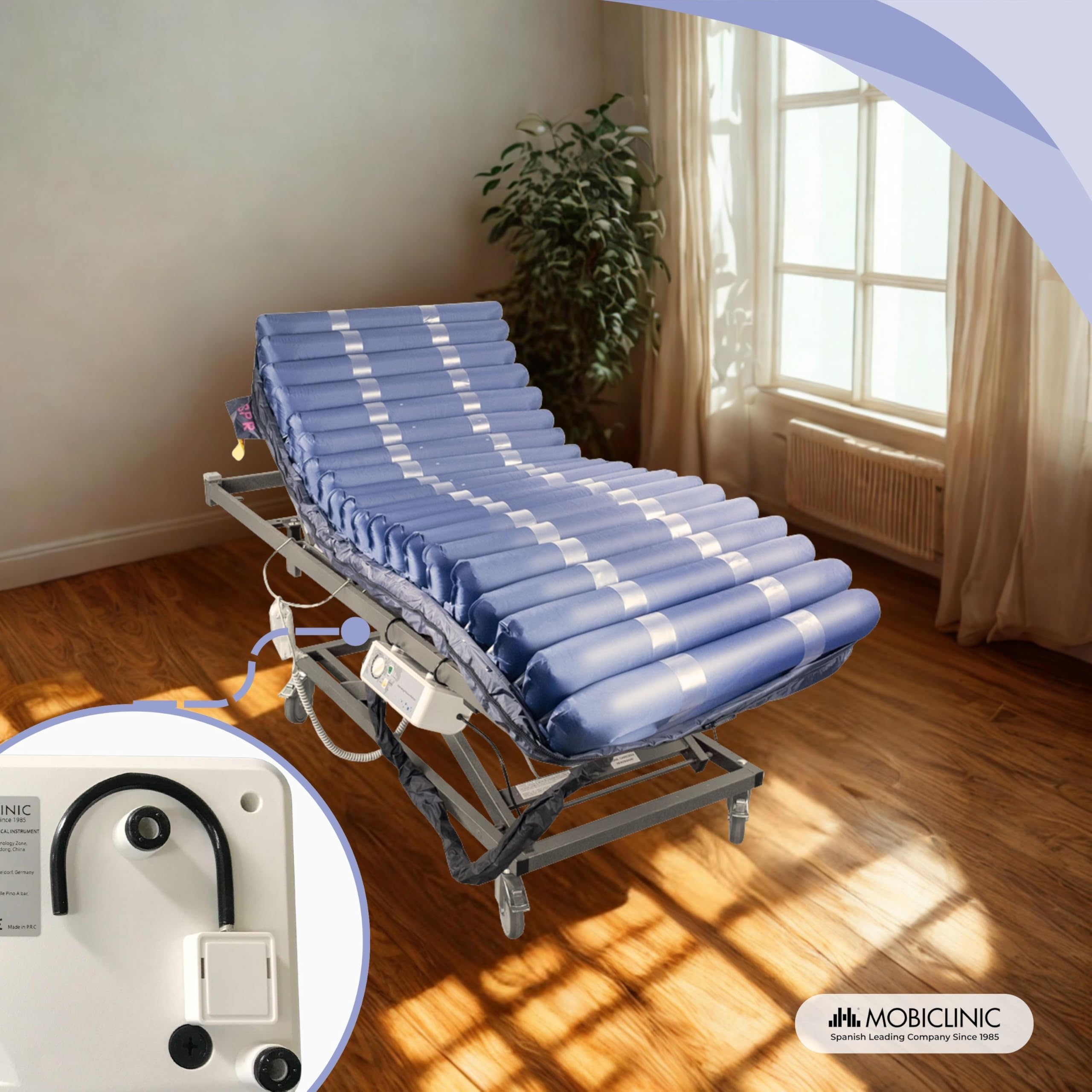 Mobiclinic® pro, Materasso antidecubito ad aria alternata, 200x120x22, Mobi 4 plus, Larghezza 120cm, Con compressore silenzioso, Tpu nylon, 20 celle d'aria, Per piaghe di i, Ii, Iii, Iv grado, Blu