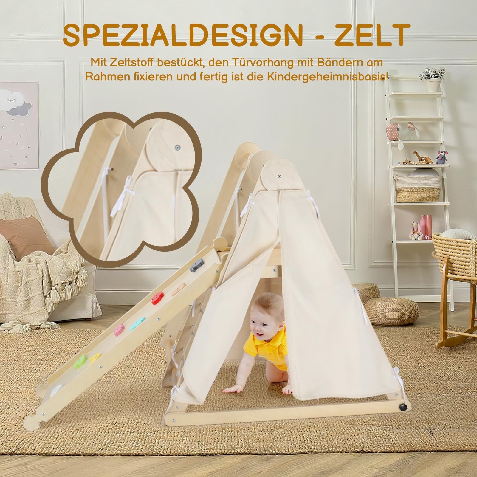 LEADZM Struttura pieghevole 7 in 1 con altalena regolabile e tenda, in legno con rete, scala e pietre colorate