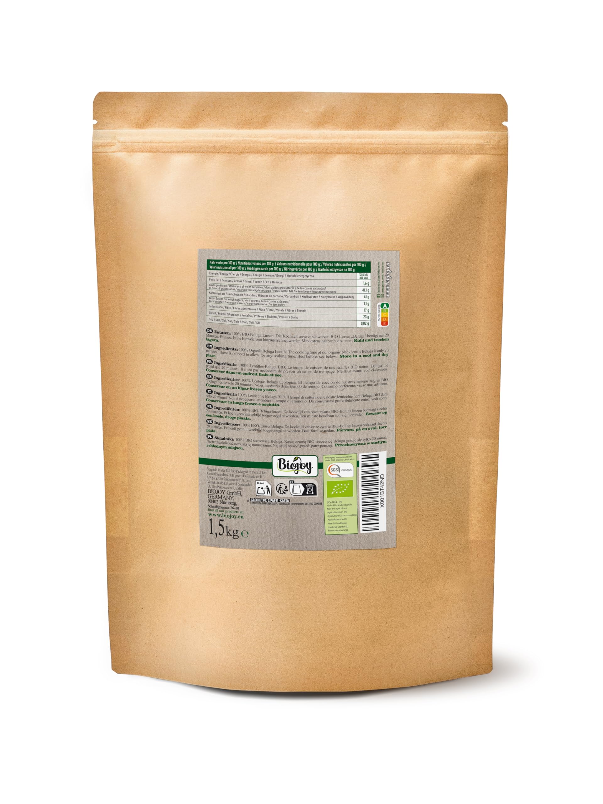 Biojoy Soczewica beluga BIO, suszona i cała, czarna soczewica, 1,5 kg | Z Kanady, naturalna, idealna do gotowania