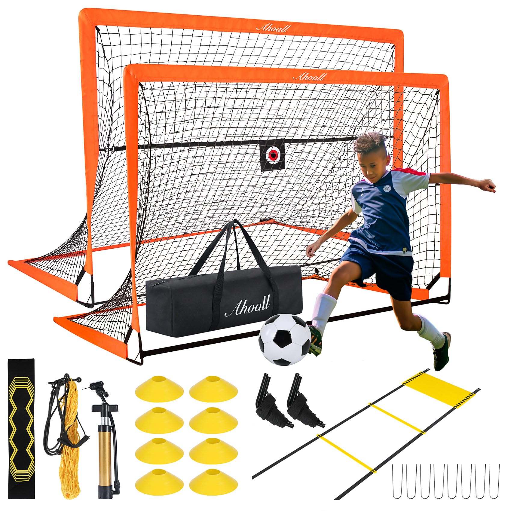 AhoallSoccer Goals for Backyard, Set of 2 Soccer Goal for Youth Outdoor Sports Games, 6x4 ft Pop Up Soccer Goal Nets Training Equipment with Ball, Ladder, Cones, Target, Kick Net and Carry Bag