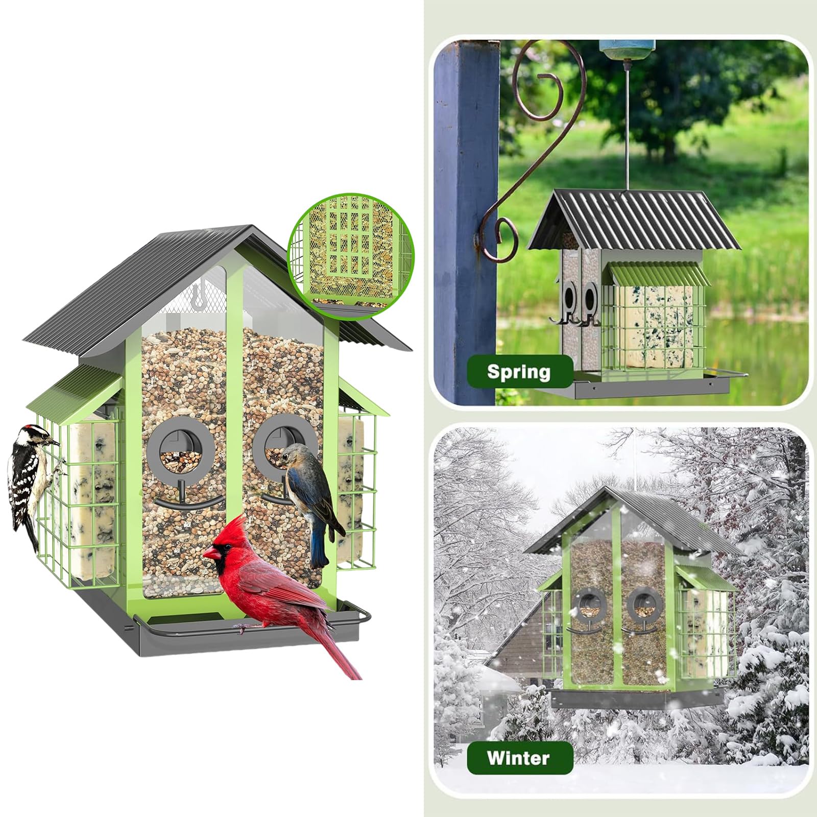 Comedero para pájaros de Gran Capacidad para jardín y Patio, diseño de Percha con construcción de Metal para comedero para pájaros Colgante Aire Libre