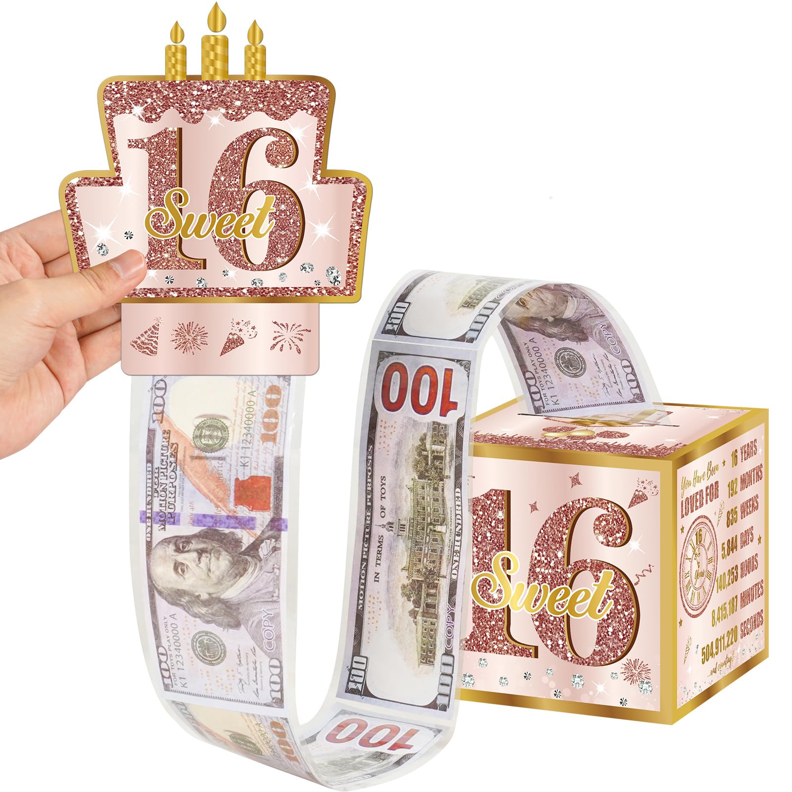 Turypaty Sweet 16th Birthday Pull-Out Money Gift Box for Girls - Pink Rose Gold Happy Sixteen 16th Birthday Party Cash Gift Box with Pull-Out Card - A