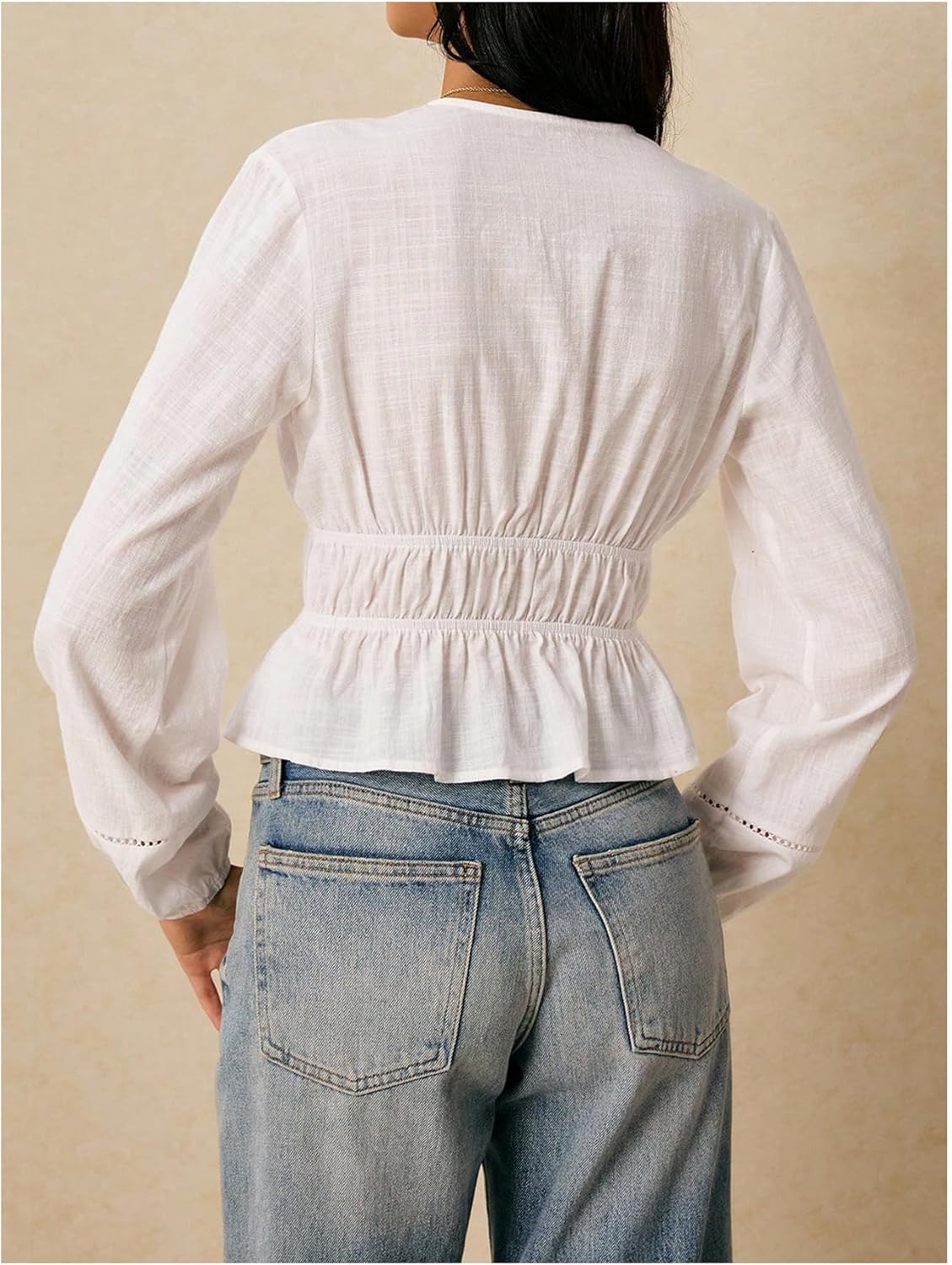 SweatyRocks Women's Bow Tie Front Deep V Neck Peplum Blouse Long Sleeve Babydoll Ruffle Shirts - Image 3