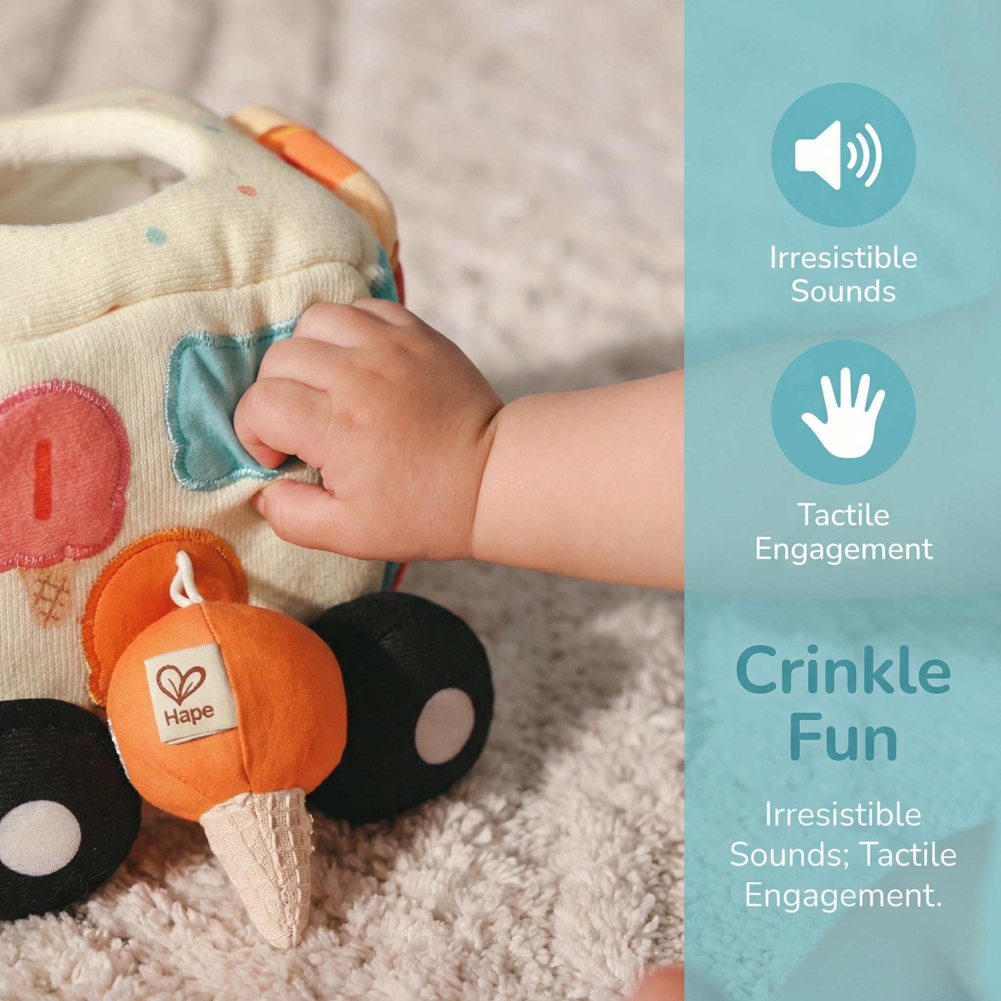 Hape Sensory Scoop Ice Cream Truck – pluszowa zabawka dla niemowląt 6 w 1, z miękkim lustrem, grzechotka, marszczone tekstury i dopasowanie kolorów, eksploracja sensoryczna i rozwój umiejętności