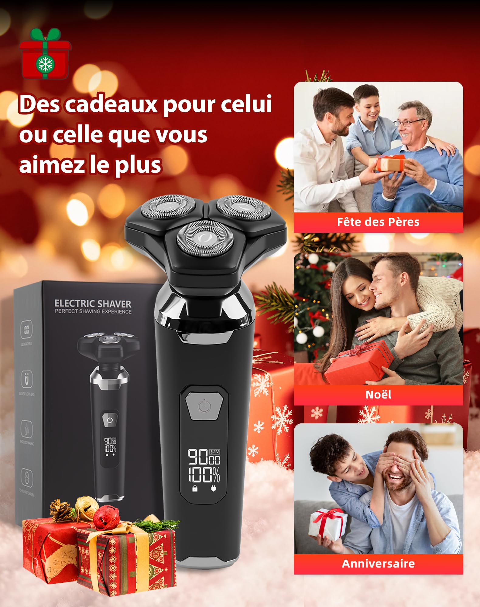 UTK Rasoir Electriques Hommes, Nouveau Rasoir Homme Sans fil 3 En 1 (2025), Étanche Ipx7, avec Accessoire Nez/Favoris, Utilisation sur Peau Sèche Ou Humide, Écran Led, Cadeau Papa, Idee Cadeau Homme