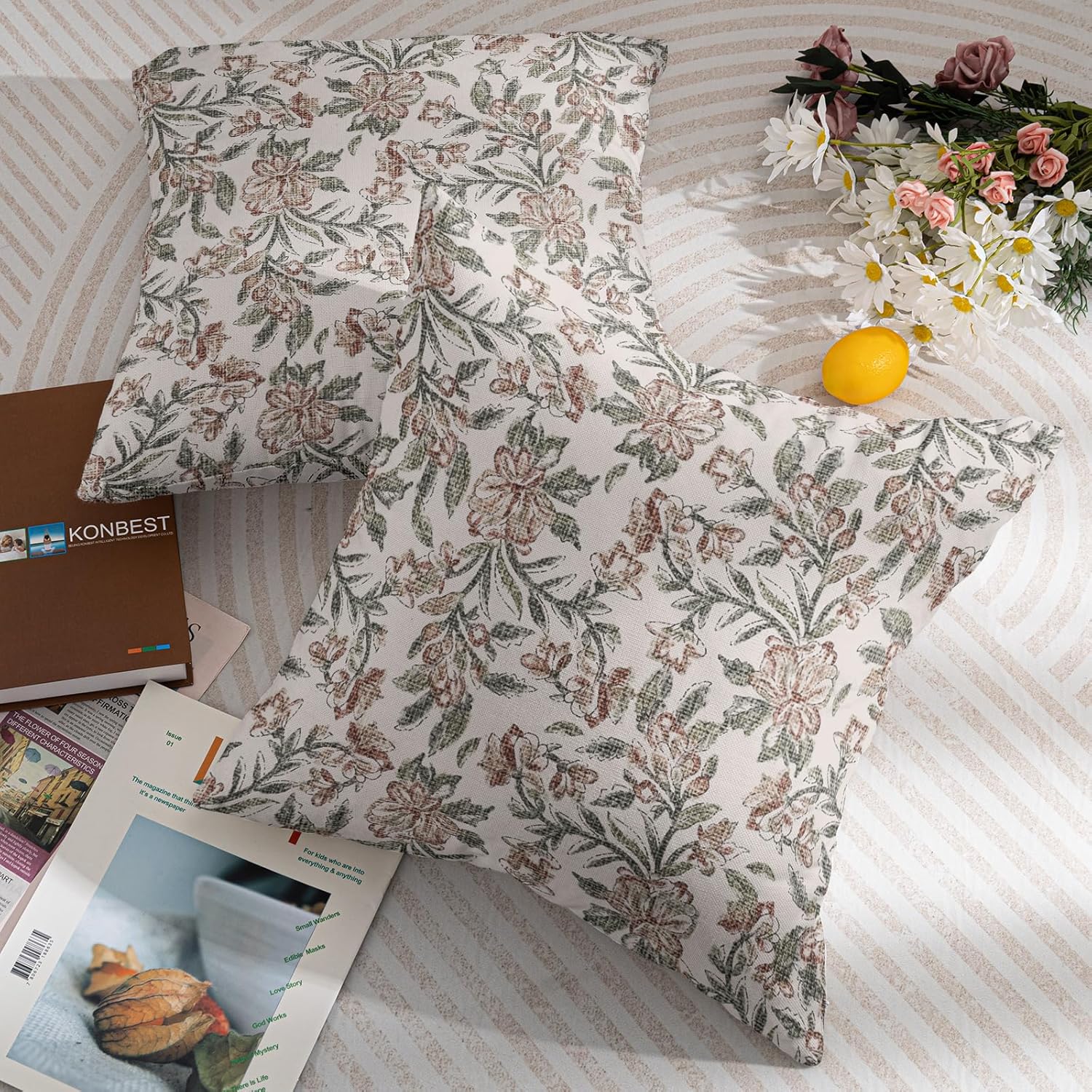 Robvobe Floral Block Print Pillow Covers 24x24 Set of 2 Vintage Flower Green Brown Rust Red Decorative Throw Pillows Outdoor Rustic Farmhouse Pillowcases Cushion Case Decor for Home Sofa Couch Bed