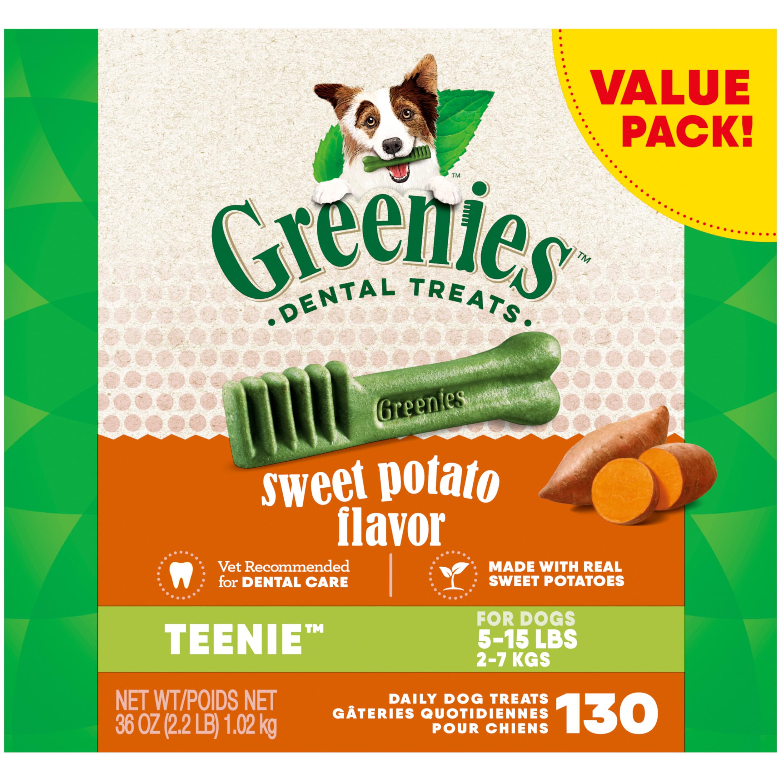 GreeniesTeenie Natural Dog Dental Treats, Sweet Potato Flavor, 36 oz. Pack (130 Treats)