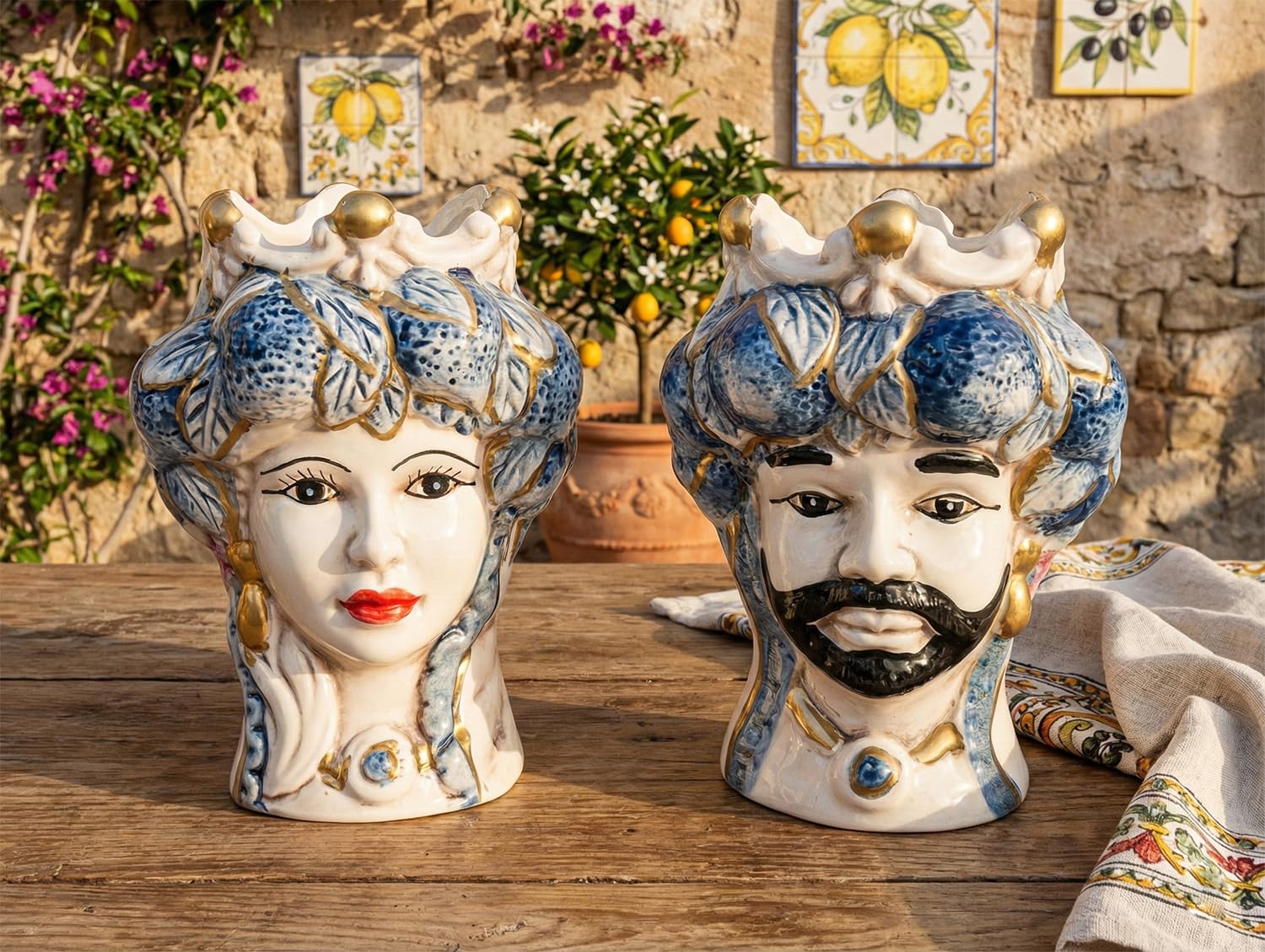 Mondocreazioni Pair of Moorish Heads Queen and King Ceramic Decorated Sicilian Style Modern Gic Vases (Leaves, 10 x 11 x 13.5 cm)