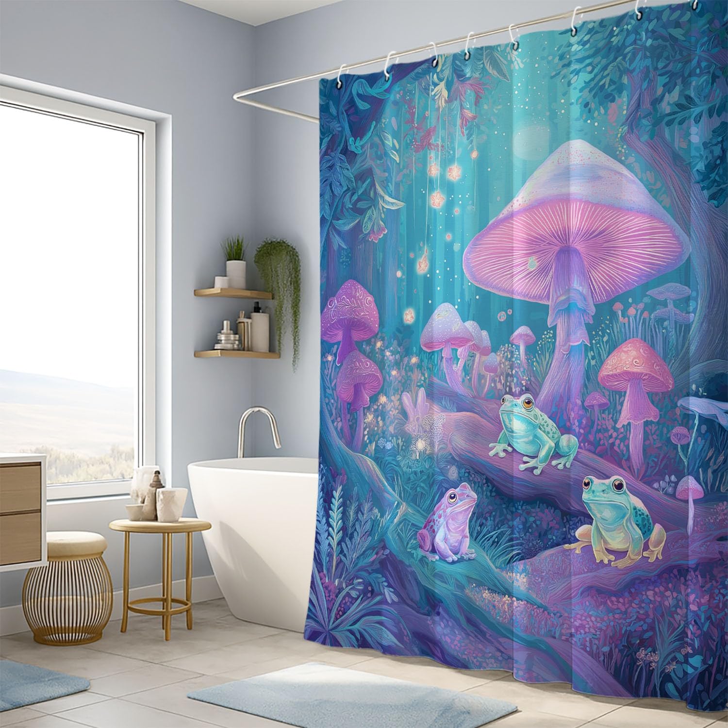 Generico Tenda da doccia Carino Fungo Rana, Ciano Rosa tenda da doccia Fantasia per il bagno, tessuto in poliestere impermeabile con ganci 180 x 200 cm Per La Vasca Da Bagno Casa E Hotel Caravan