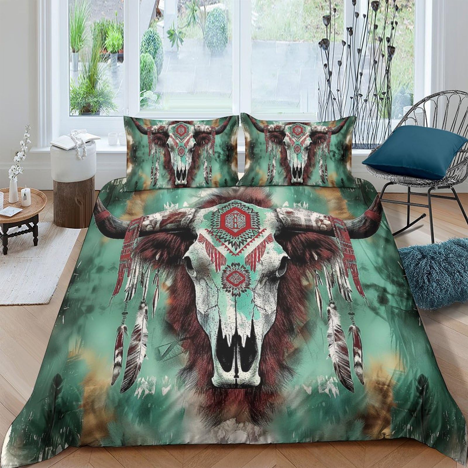 Ctjqhvkz Style-7 3D Printed Tribal Bull Skull Fitted Sheet Microfiber Soft Breathable Western Ethnic Bed Cover For Bedroom Guest Room Decor Single（135X200cm）
