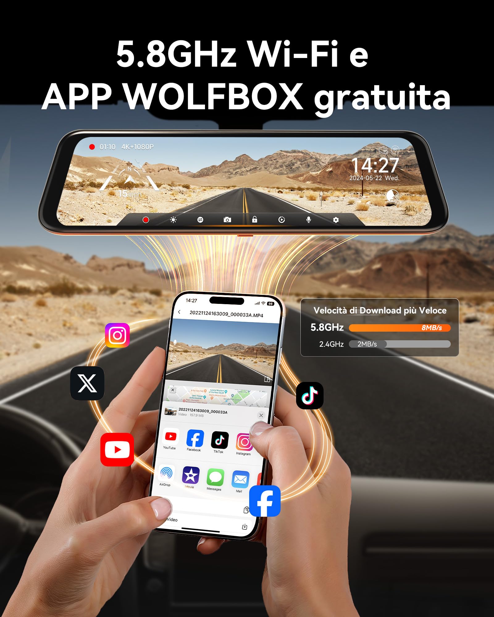 WOLFBOX 12" 4K Telecamera per Specchietto Retrovisore Auto con 5.8GHz WiFi e Controllo Vocale, Doppia Specchio Dash Cam con 1080P WDR Backup Camera, Monitor di Parcheggio, Scheda 64GB & GPS (G850)