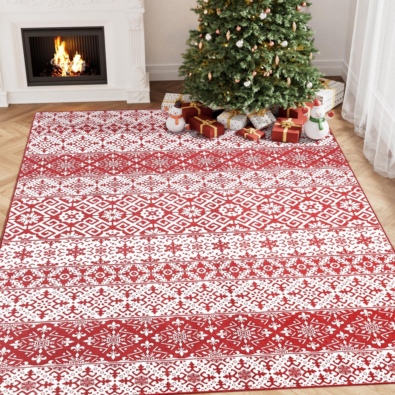 WondRg Christmas Area Rug 8x10 Red Snowflake Holiday