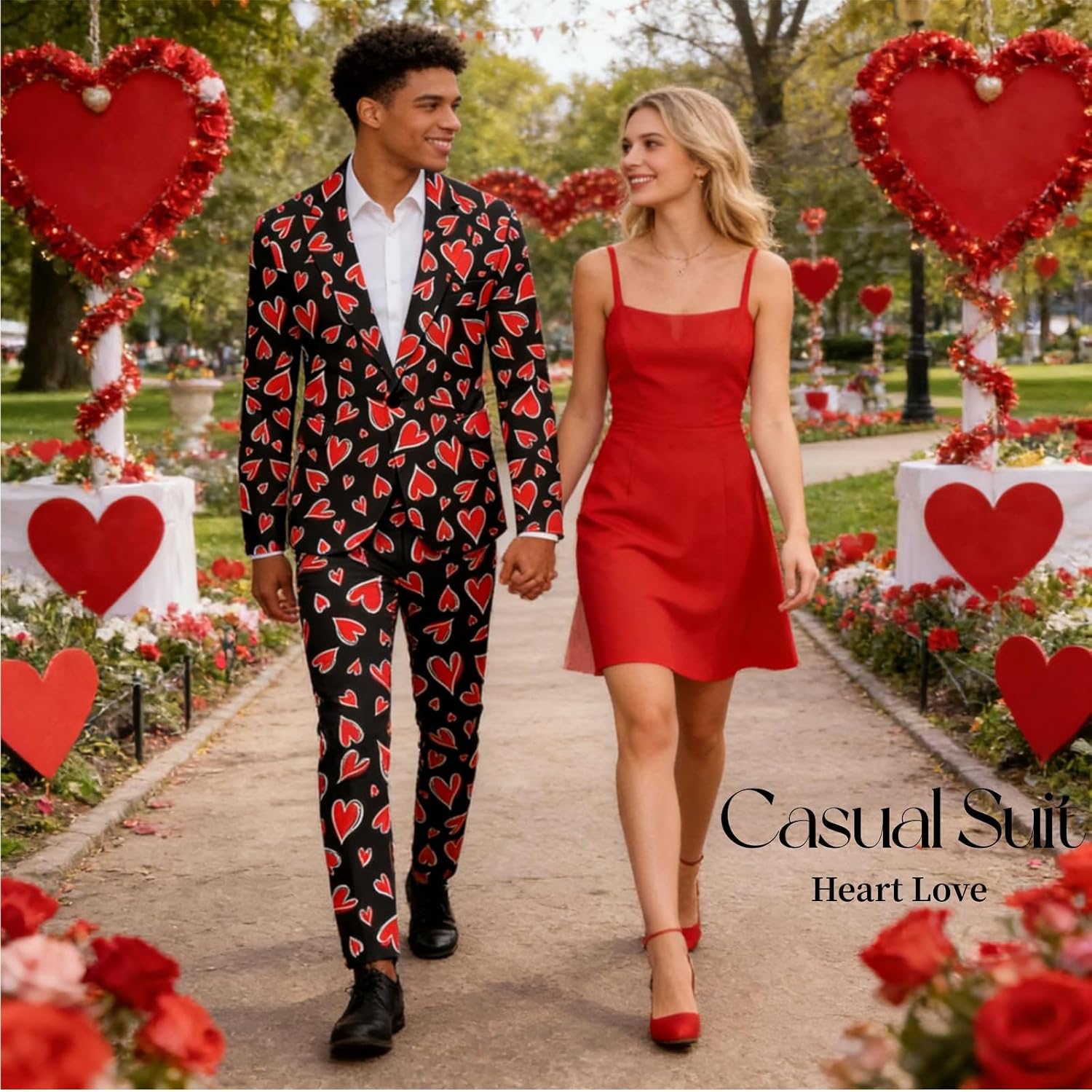 Mens Valentines Suits 2 Piece Set - Heart Long Sleeve Slim Fit Blazer Jackets Lightweight Casual Coats with Pockets