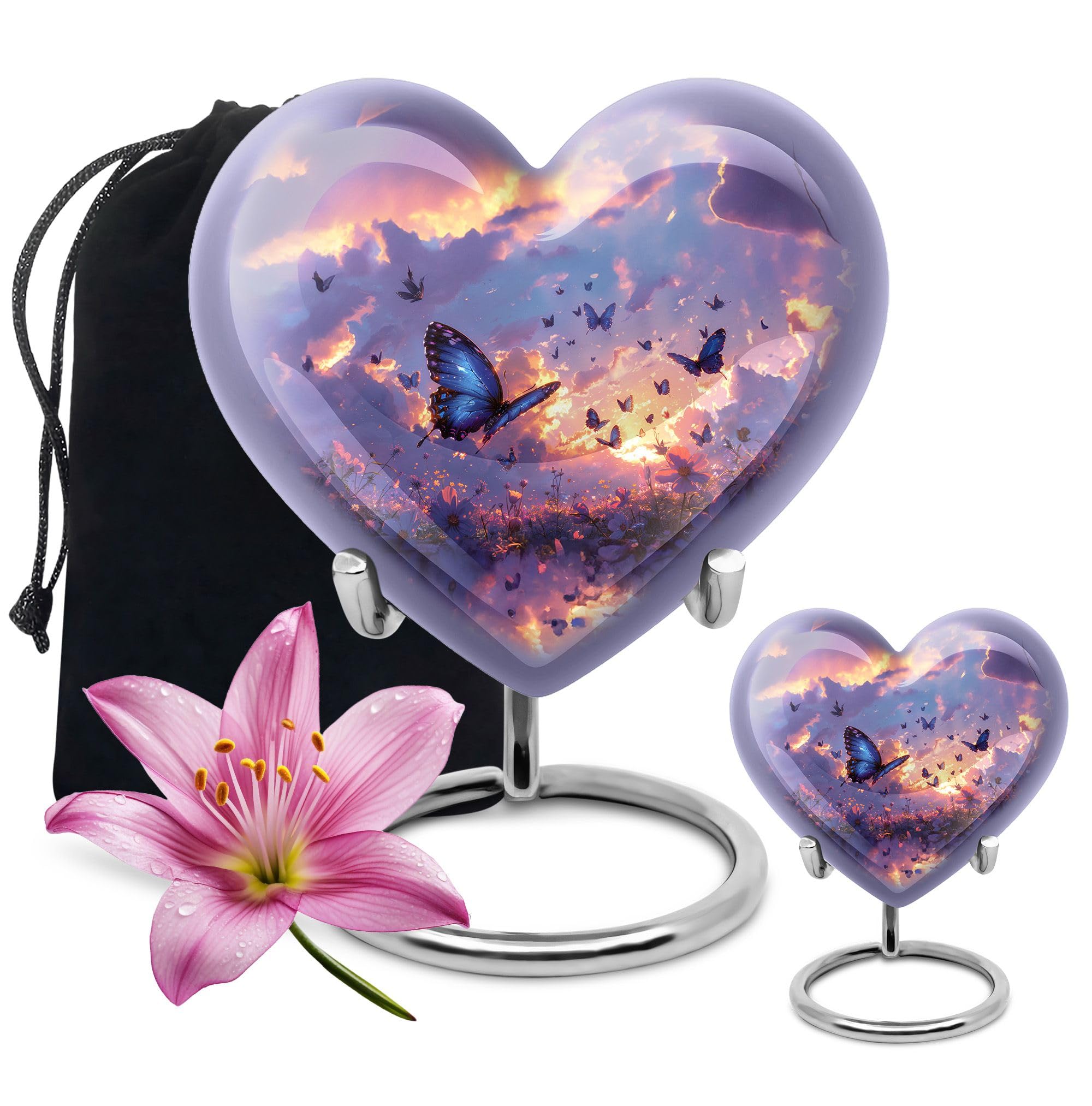 YATHABHISA Twilight Butterflies Urns Ashes, Heart Large Urn & Keepsake, Cremation Urns for Adult Ashes, Decorative Metal Urn