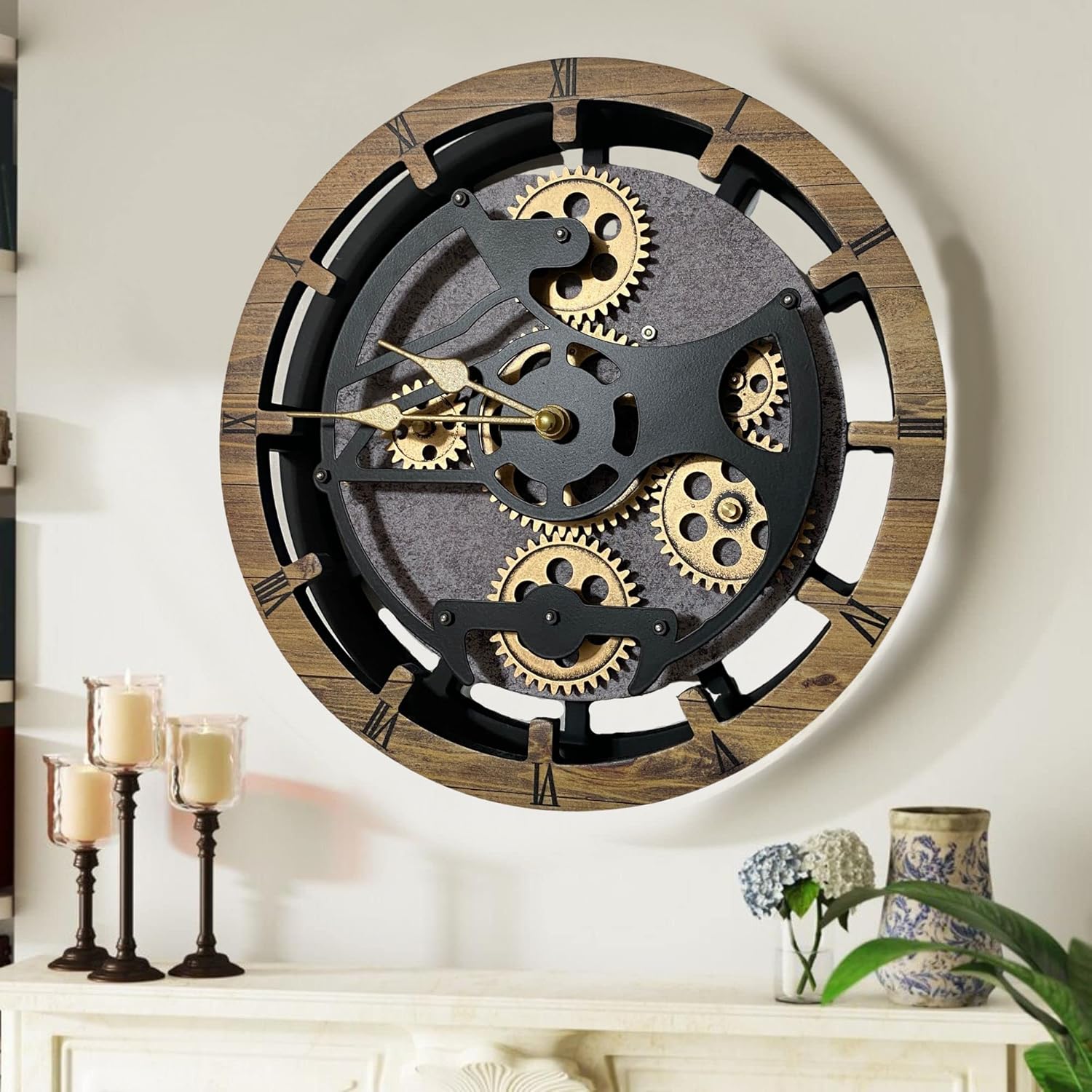 ImprovingLife The Gears Clock 16 inches Wall Clock with Real Moving Gears Convertible into a Big Mantel Clock (Wood & Stone)