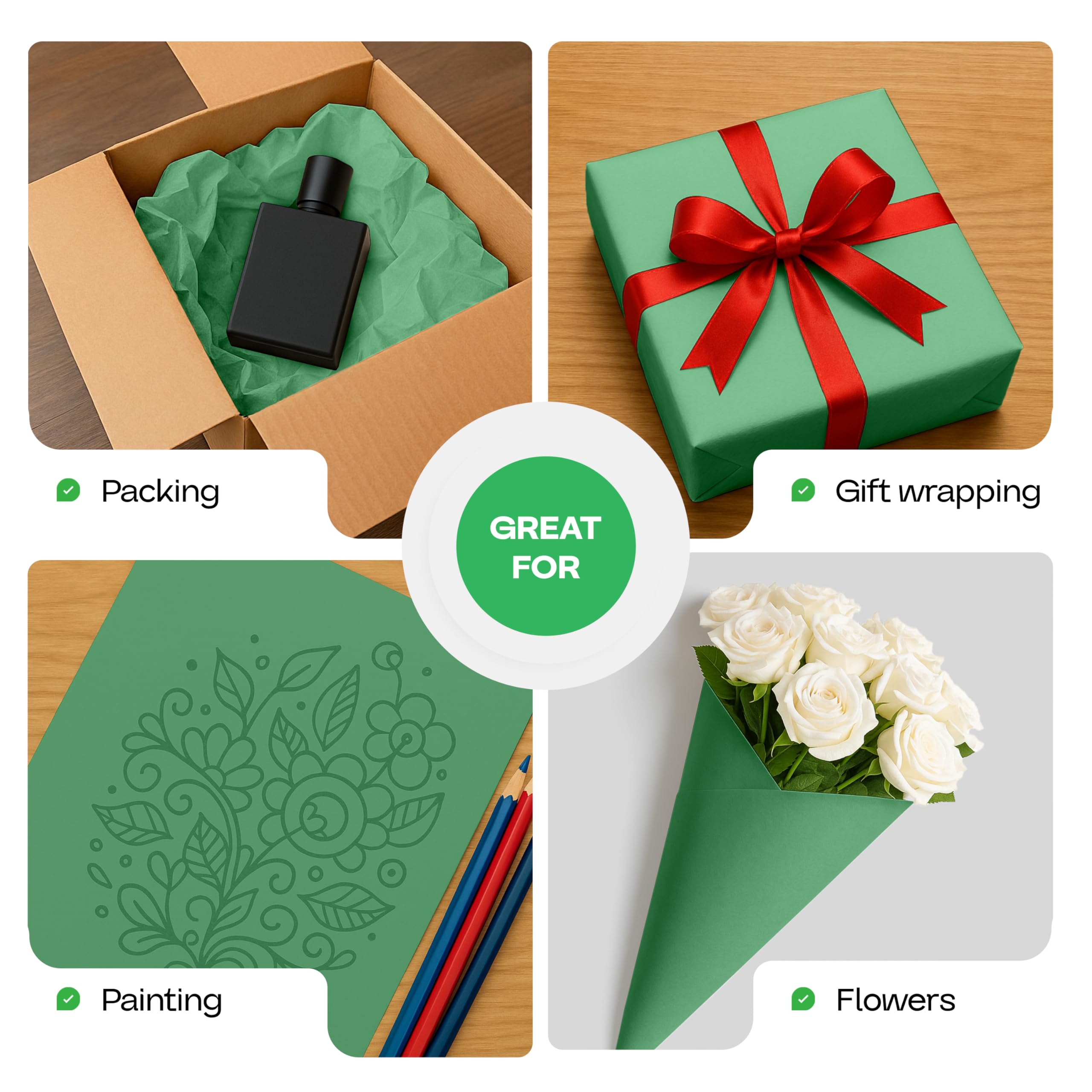 Kraftpapierrollen, 91,4 x 3048 cm, Grün, 4 Stück, hergestellt in den USA für Geschenkverpackungen, Kinderkunst und Handwerk, Schulprojekte, natürliches Material, 22,7 kg Stärke IDL Packaging