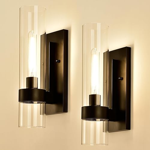 Hyperion house Modern Black Wall Sconces Set of Two, Bathroom Vanity Light Fixtures Over Mirror, 1 Light Farmhouse Indoor Wall Lamp with Clear Glass for Kitchen Bedroom Hallway