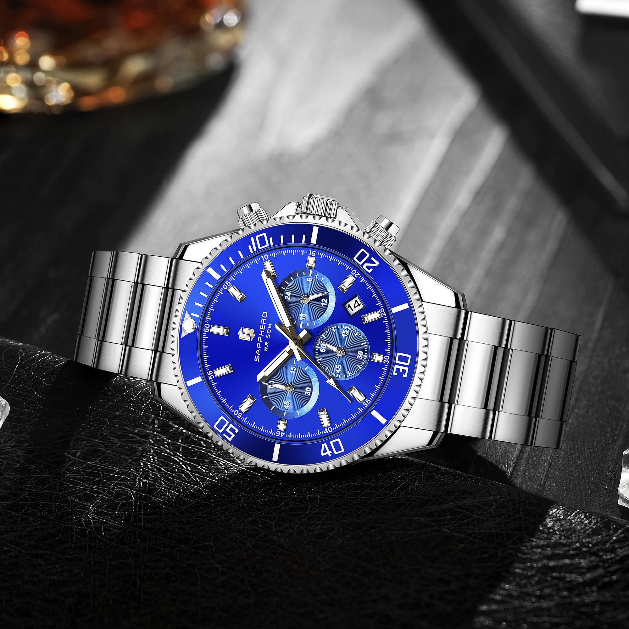 SAPPHERO Reloj Hombre Cronografo Analógico Movimiento de Cuarzo 50M Impermeable Relojes para Hombre Banda de Acero Inoxidable Clásico Casual Diseñador Relojes Elegante Regalo para Hombre