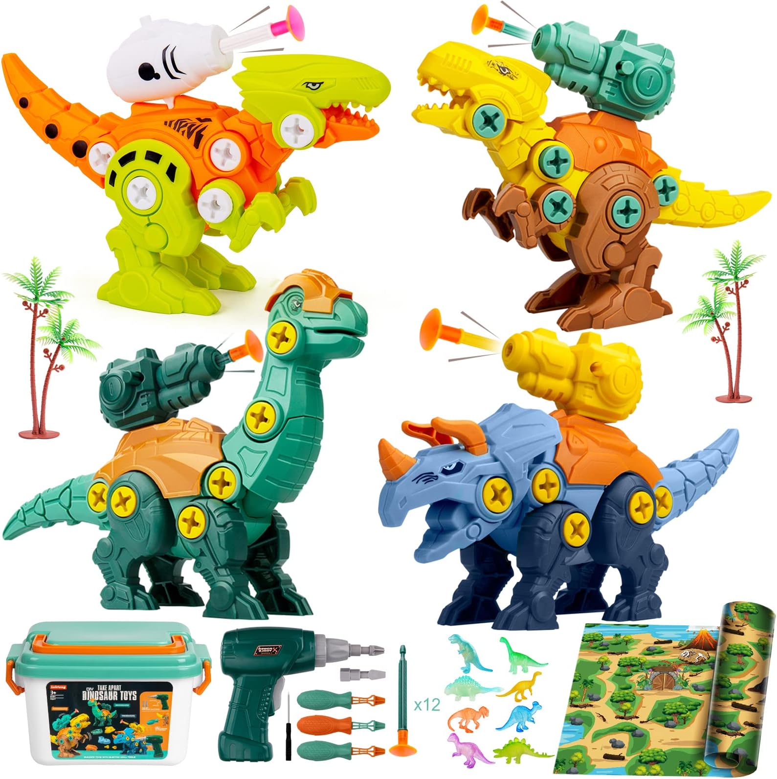 Dinosaur Toys for Boys, SPLAKS 4-Pack Dinosaur Construction Toys Boys Toys with Storage Box Electric Drill Soft Arrows, Educational STEM Toys Gift for Kids Age 3-6