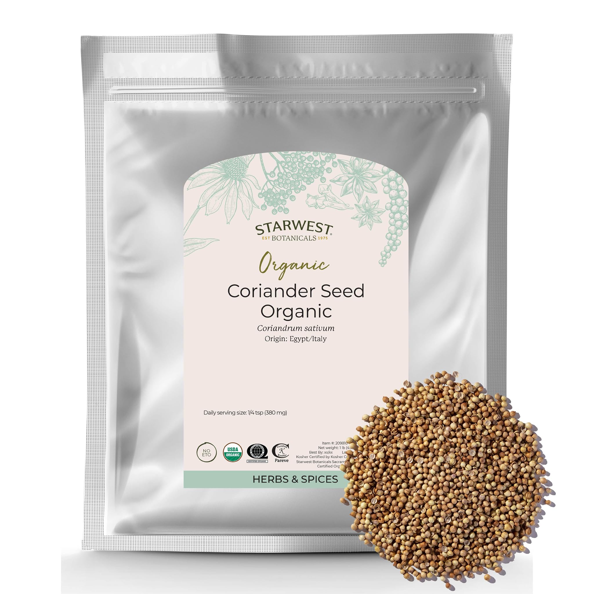 Starwest Botanicals Organic Coriander Seeds Whole - Seasoning Spice for Cooking, Pickling, Curry, & More, Dried Whole Seeds from the Cilantro Plant, Certified Kosher, Non-GMO - Bulk 1 lb Bag