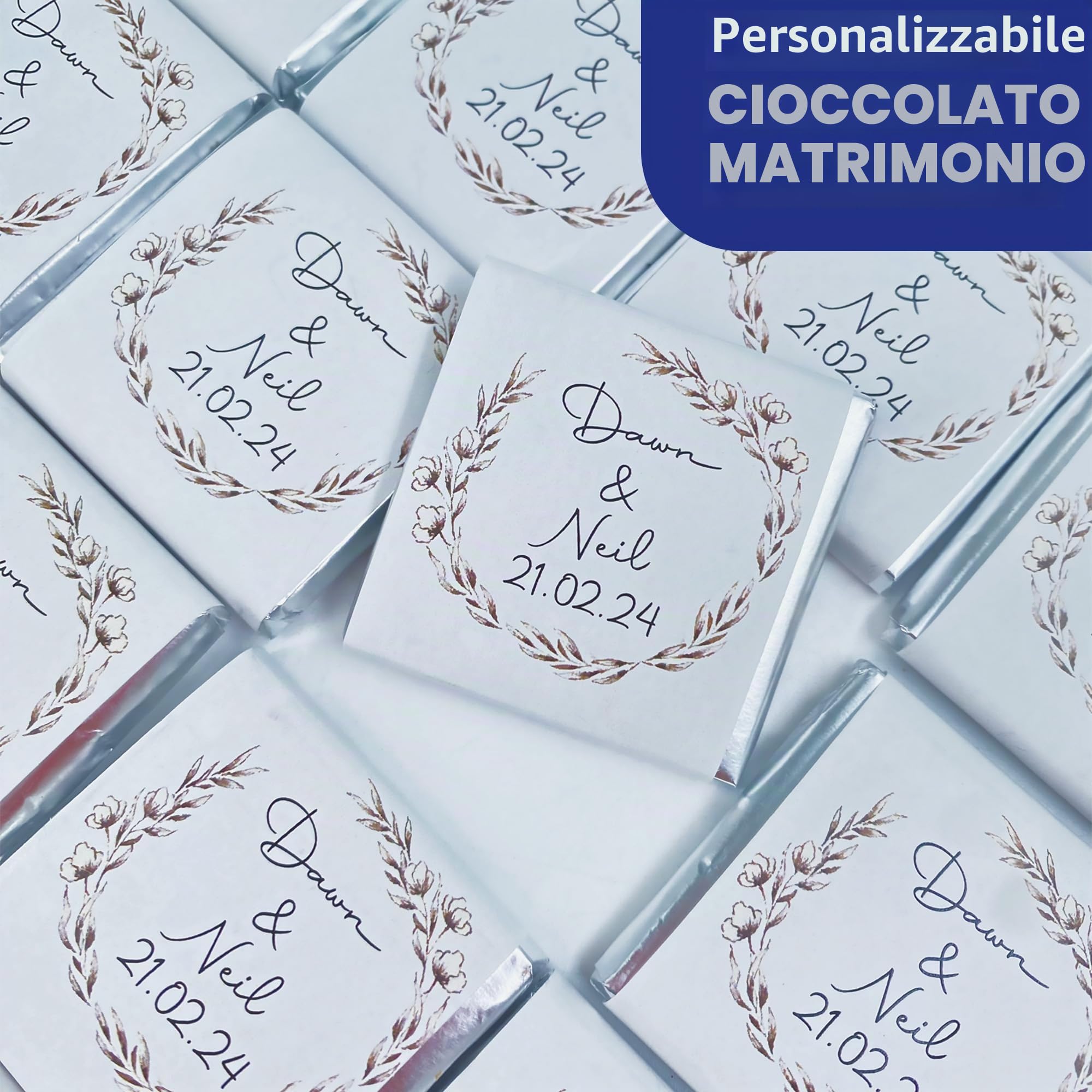 Set di 50 cioccolatini nuziali personalizzati, bomboniere nuziali personalizzate al cioccolato per gli ospiti, bomboniere personalizzate, design unico per matrimoni, regali per damigelle d'onore