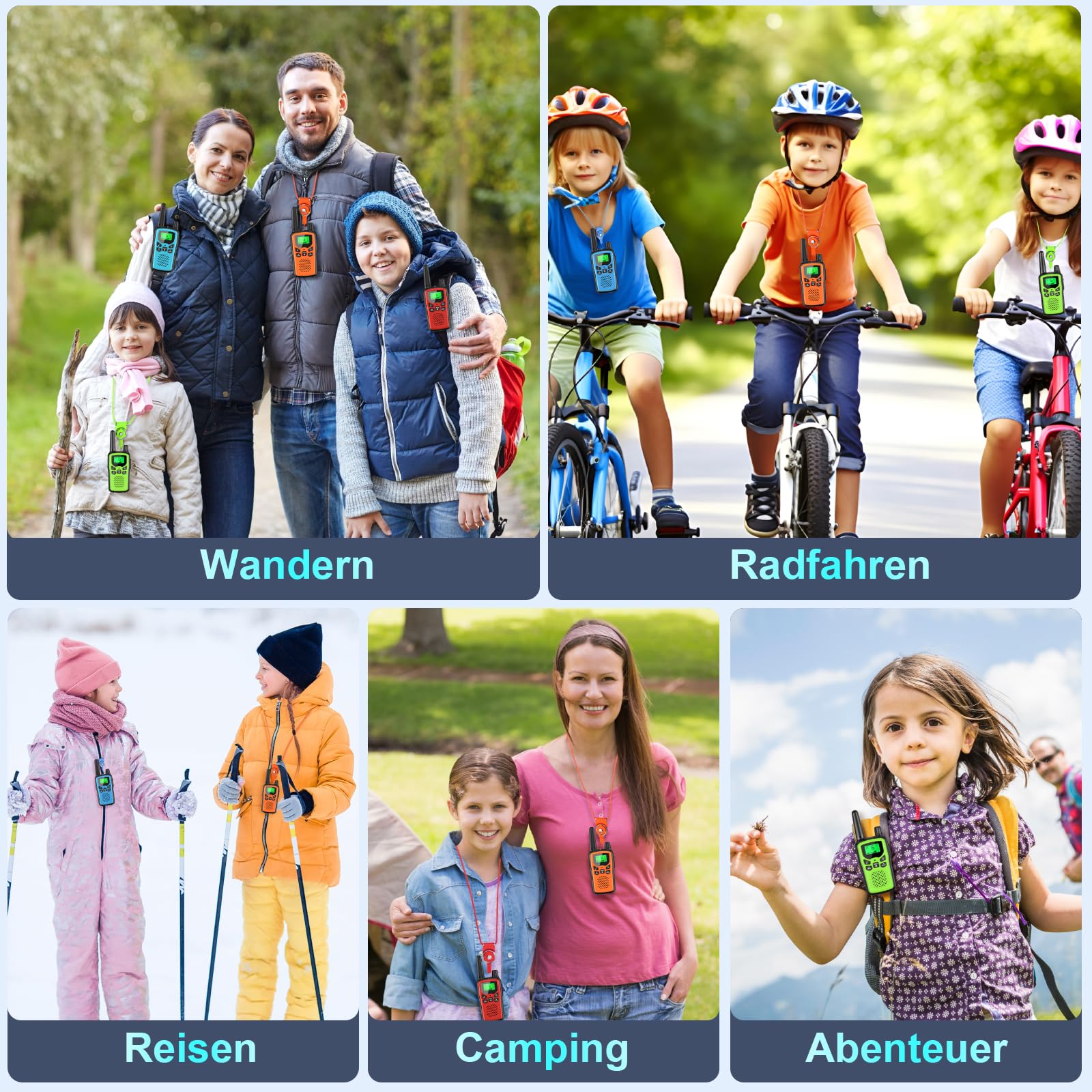 Walkie Talkie Kinder 4er Set, Walky Talky mit 1200mAh Aufladbar Akku, Große Reichweite 5km Walki Talki mit Li-ion Akku, Funkgeräte mit 16 Kanäle für Camping, Freien, Wandern