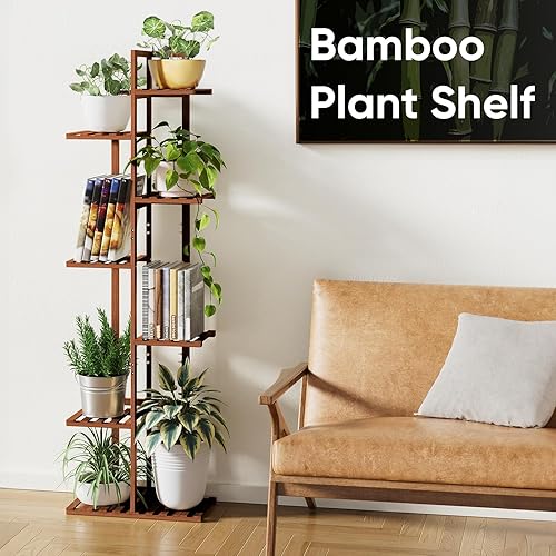 Miniatura 6 de ROSSNY Soporte para Plantas de Interior de 55 Pulgadas de Alto, 7 Niveles 8 Macetas Soporte para Plantas de Bambú para Plantas de Interior, Soporte