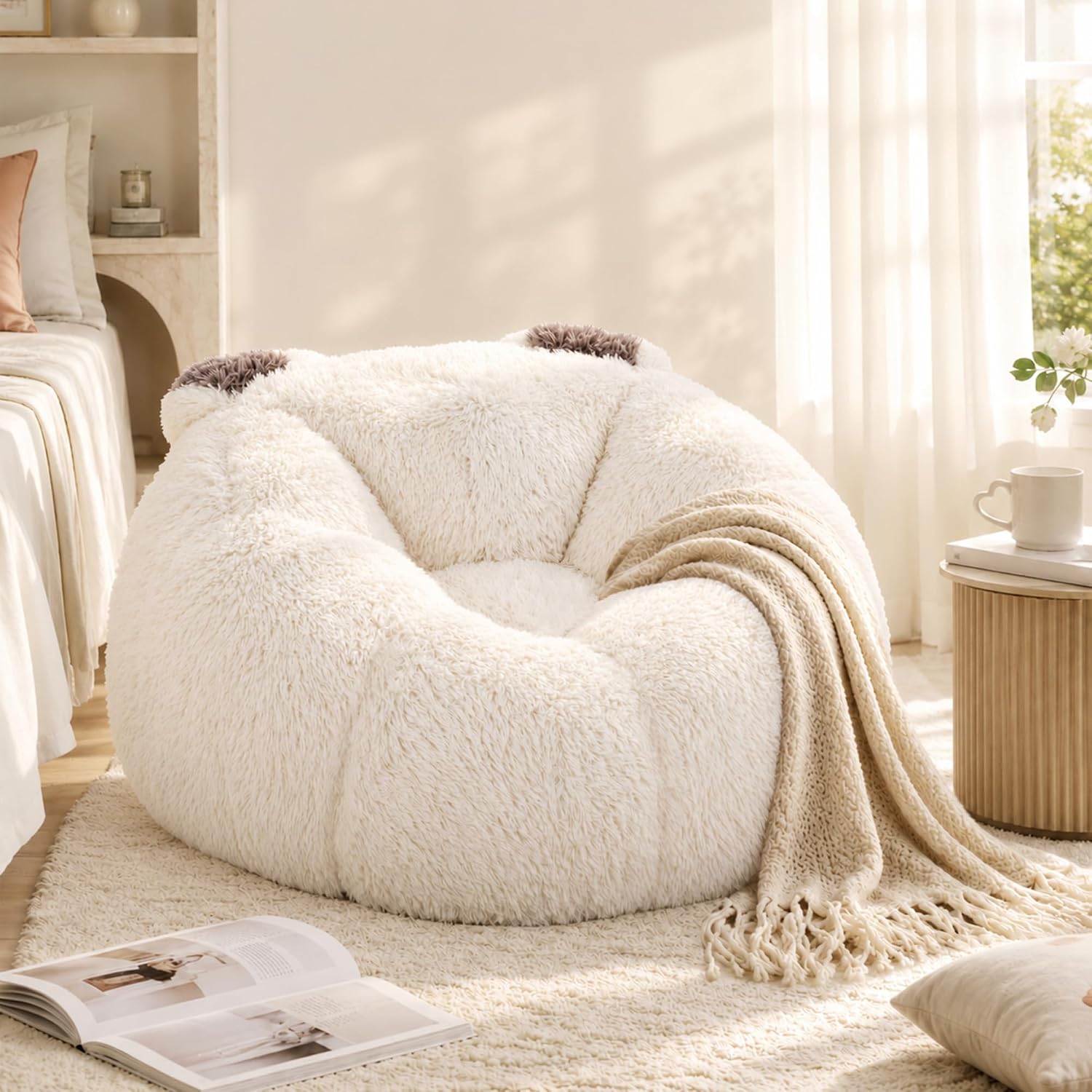 Bear Ear Bean Bag Sofa,Fluffy Long-Shag Faux Fur Lazy Sofa,Ergonomic Wraparound Support Bean Chair,Deep Seat Oversized Bean Bag Couch for Living Room Bedroom Nursery,Cream,Cream