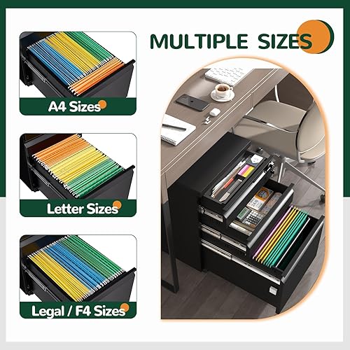 Miniatura 6 de GREATMEET Archivador de 3 cajones, archivador debajo del escritorio con cajones, archivador de metal con cerradura para tamaño cartaA4legal, negro,