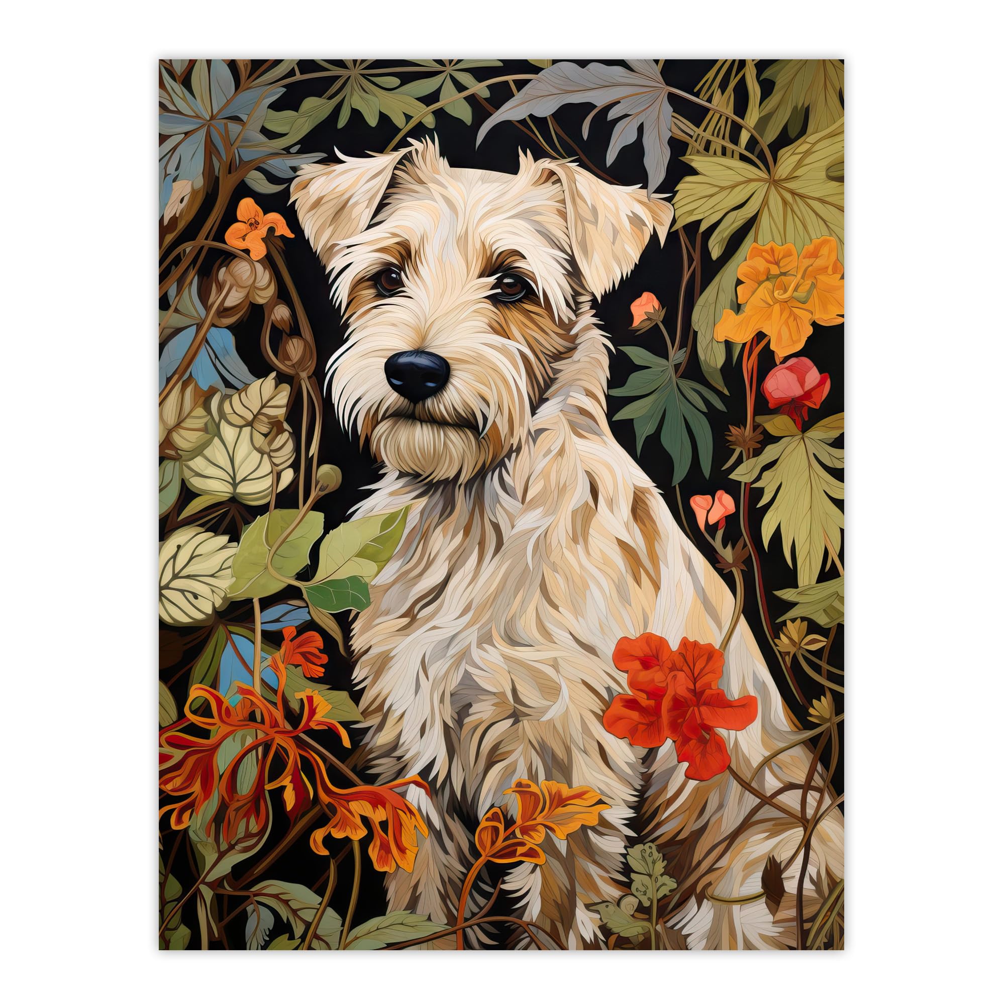 Artery8 White Cream Border Terrier On Elegant Floral Backdrop William Morris Style Jungle Flowers Artwork Extra Large XL Wall Art Poster Print