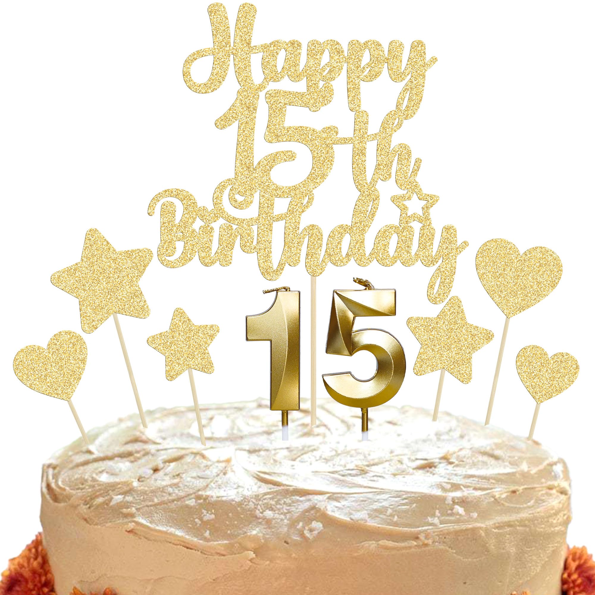 Gyufise 15Pcs Happy 15th Birthday Cake Topper Set with Heart Star Glitter Cheers to 15 Years Cake Picks Number 15 Candles Cake Decorations for Happy 15th Birthday Anniversary Party Supplies Gold