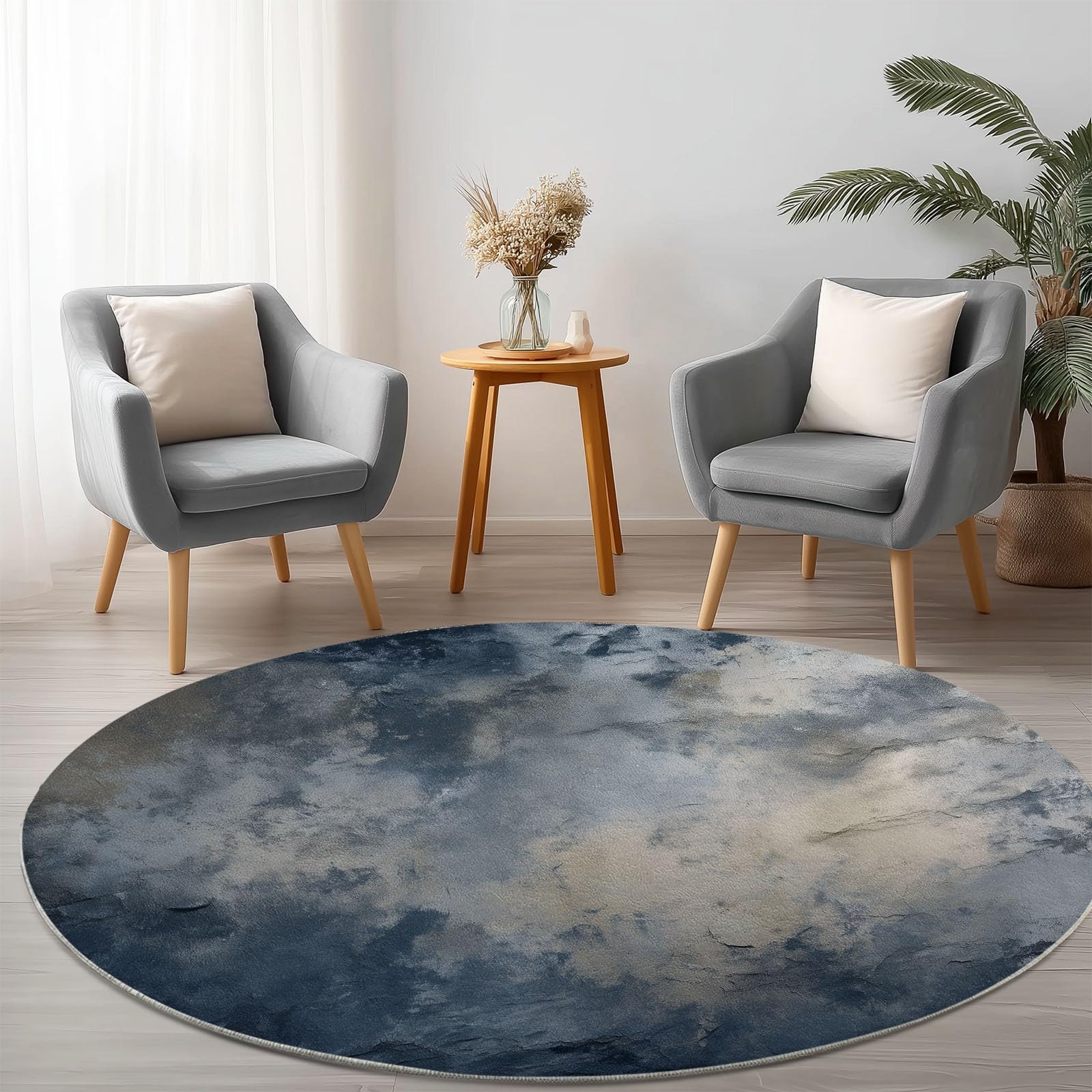 Generico Tappeto Rotonda Stile Retrò Texture Consumate, Moquette Pelo Finta Lana Corto Morbido - Tappeto Grigio Antiscivolo Lavabile in Lavatrice per Salotto Camera da Letto Sala Pranzo Ø 90 cm