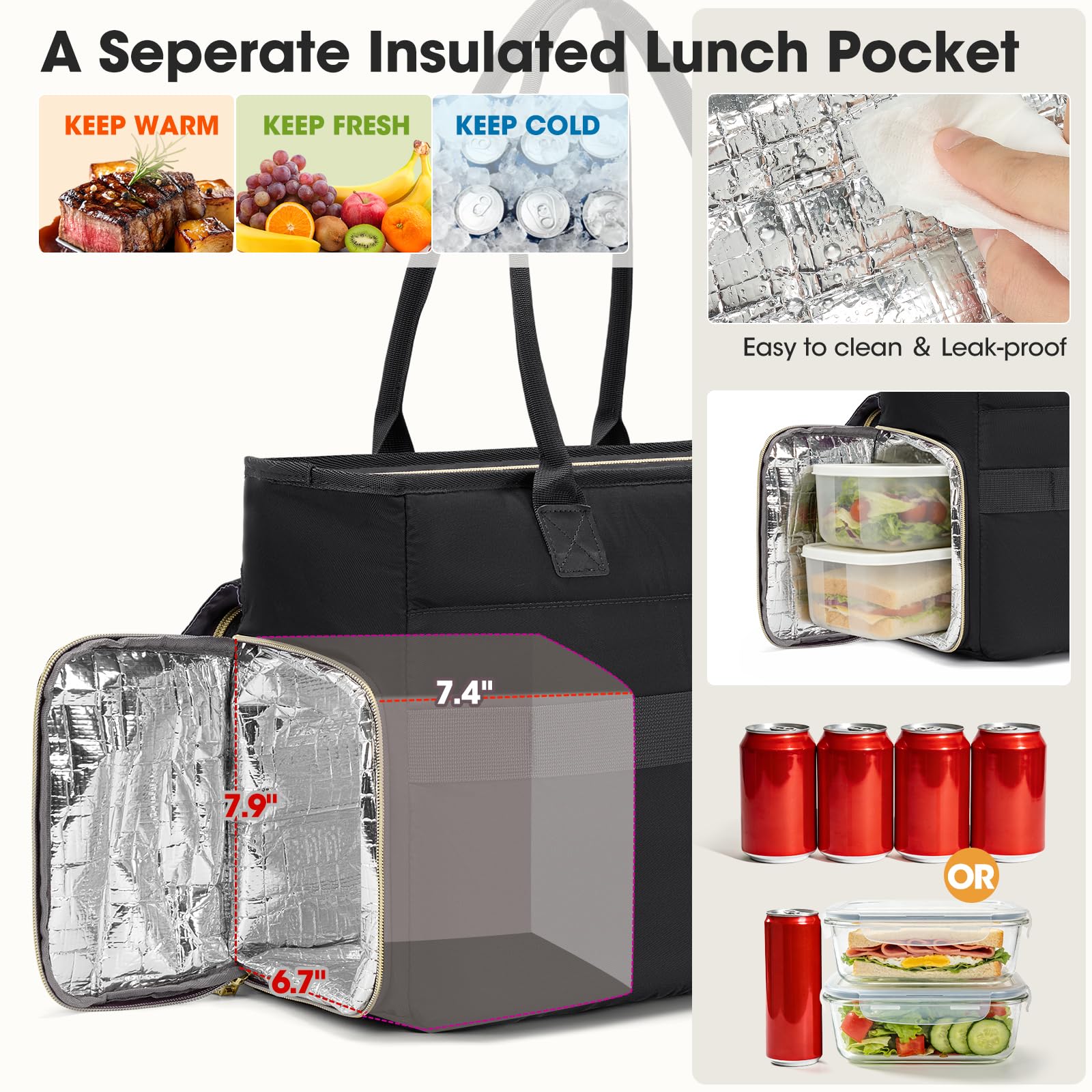 RAINSMORE Lehrertasche Damen mit Lunchfach 17.3 Zoll Laptoptasche Groß Isoliertes Fach Wasserdicht Arbeitstasche für Büro Uni Reisen Shopper Handtasche Schwarz
