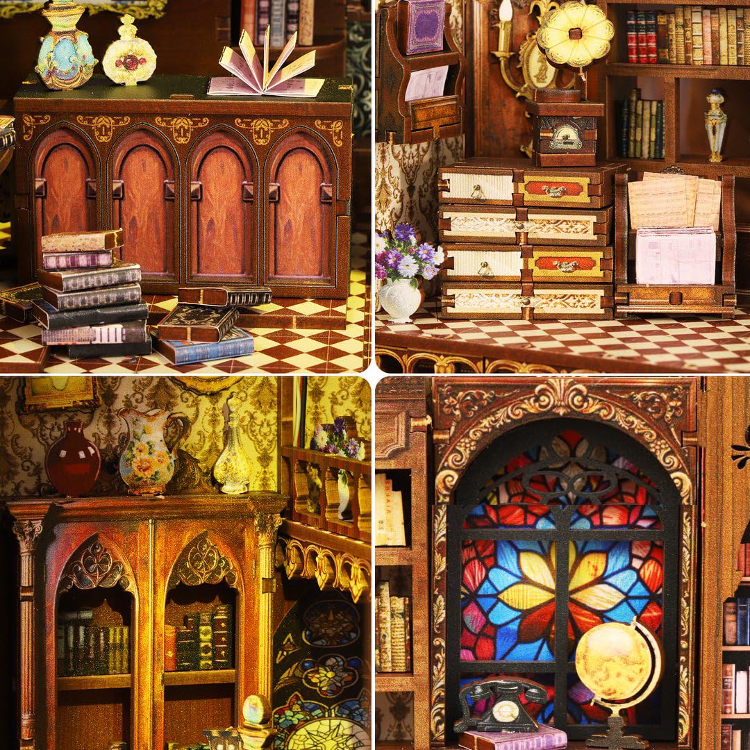 Das Beste Geschenk:DIY Miniatur Holzhaus Bücherregal-Nook Kit mit LED-Beleuchtung Holz 3D Puzzle Bücherregal，Kreatives Bastelset Kreative Dekofigur (mit Staubschutzkappe)