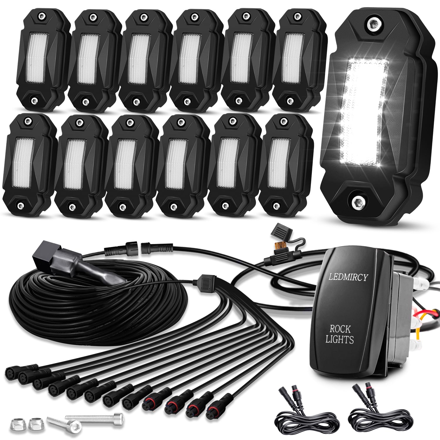LEDMIRCY R2 Pure White Rock Lights Kit with Roker Switch Wire Harness 12PCS LED Rock Lights White for Offroad Truck ATV UTV SUV Underglow Light Trail Rig Light Under Body High Power Waterproof