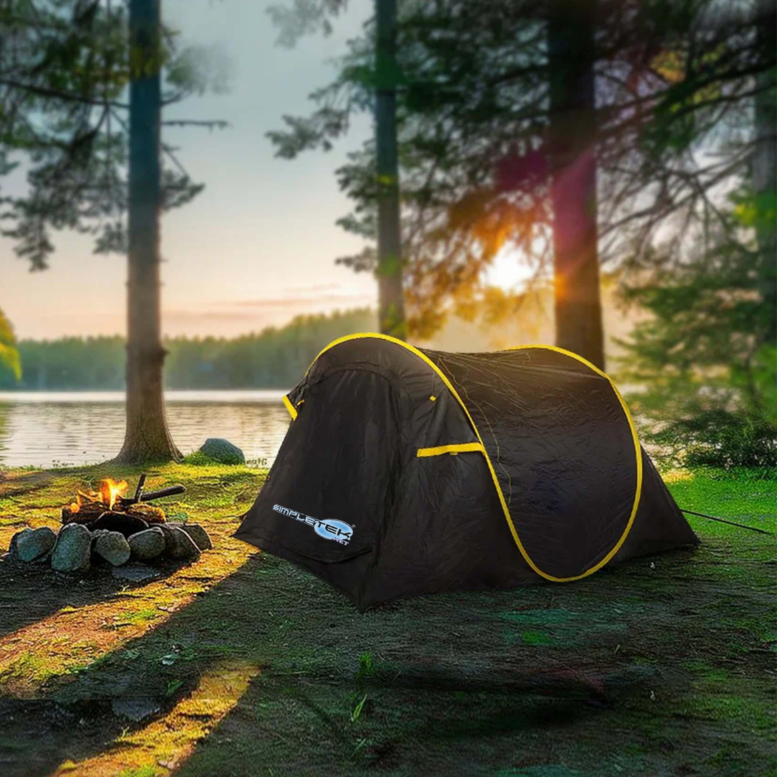 Simpletek – Tenda da Campeggio Pop Up a Igloo per 2 Persone | Facile da Montare con Pop-Up Veloce | Impermeabile, Parasole, 3 Punti di Ventilazione | Nero e Giallo