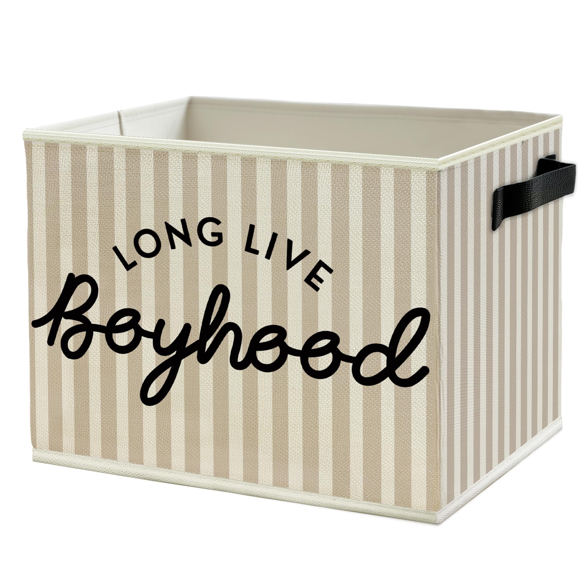 Black Long Live Boyhood Boys Storage Bins Box with Handles, Beige Stripe Collapsible Basket Organizer for Kids Teen Boy Nursery Room Bedroom Bathroom Playroom Books Clothes