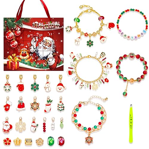 Advent Calendar 2024 Kids, Jewellery Advent Calendar for Girls, 24 Days Christmas Charm Bracelet Advent Calendar Jewelry Gifts, Bracelet Making Kit 22 Charms Beads + 5 Bracelets + 1 Tweezers