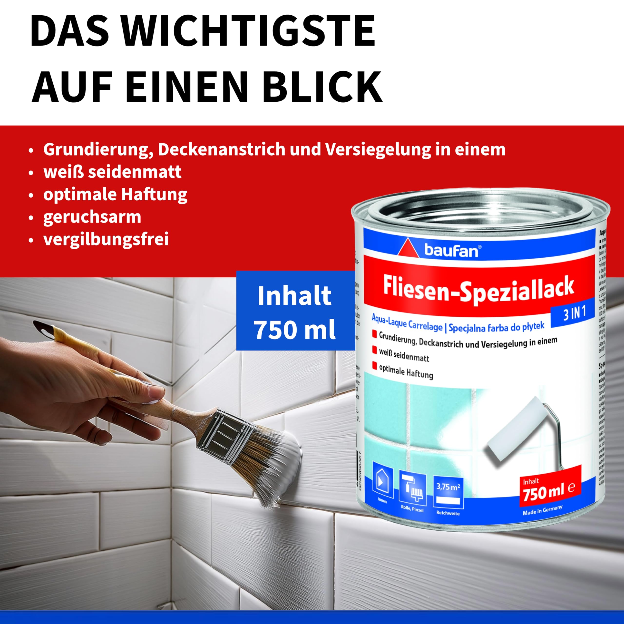 Baufan 3in1 Vernis Spécial Blanc Satiné Salle de Bain Cuisine Intérieur Peinture Carrelage Finition Vitrification