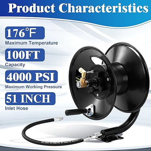 Miniatura 2 de M MINGLE Carrete de manguera para lavadora a presión de 100 pies, carrete de manguera de acero resistente, carrete de manguera de lavadora manual