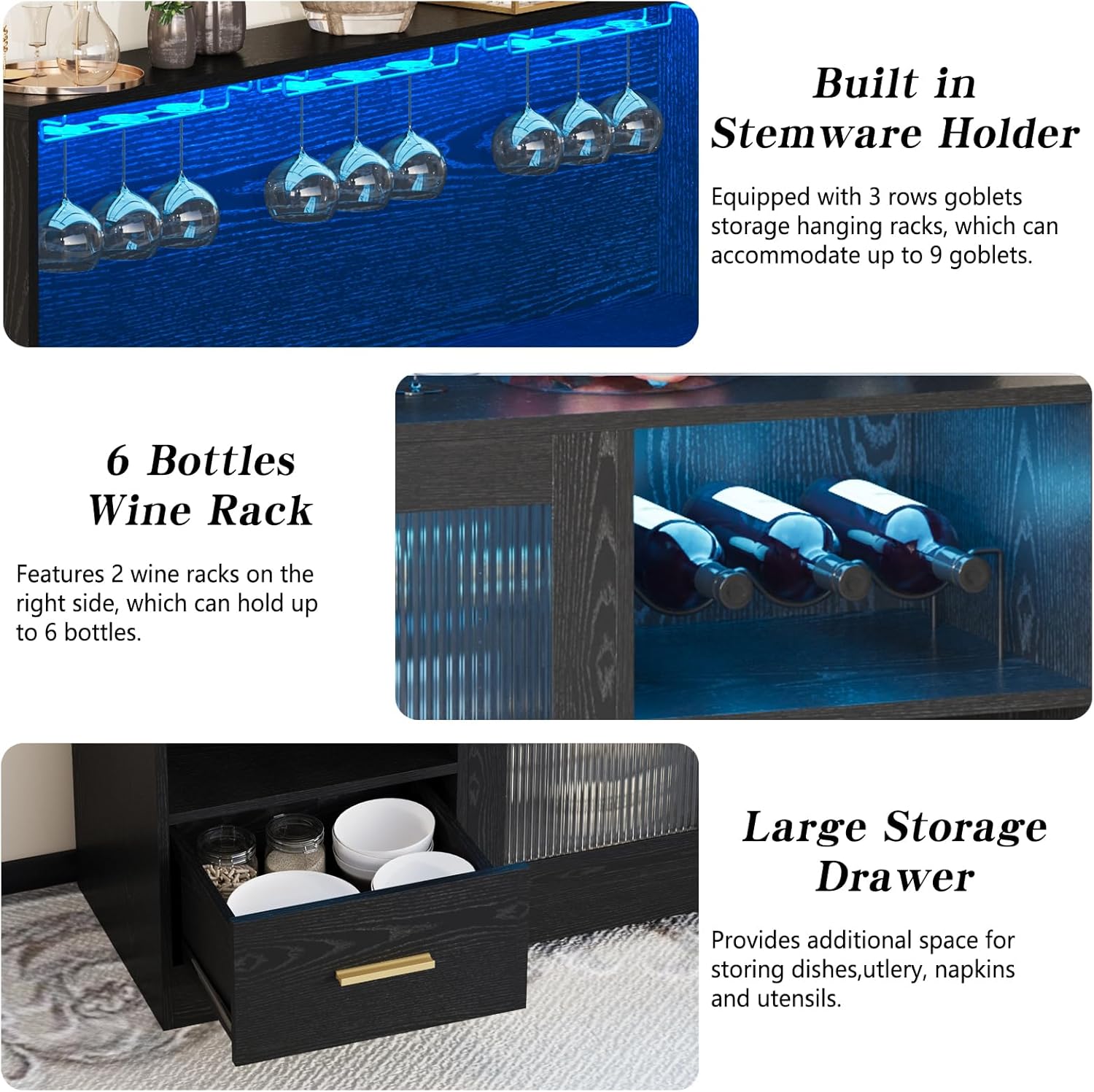 Bar Cabinets for Home with LED Light & Storage Drawer & Glass Holder & Wine Rack & Power Outlet & Door & Shelves for Living Room Kitchen Modern Black