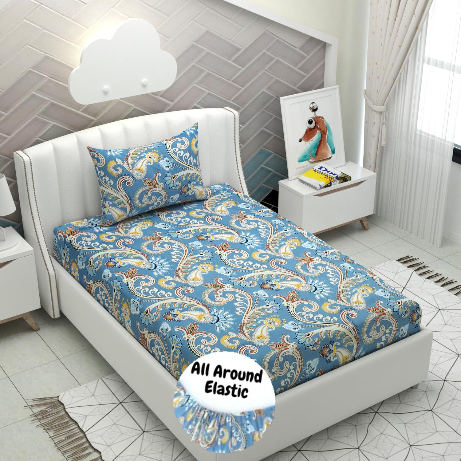 DECOMIZER Cotton Feel All Around Elastic Fitted Glace Printed Single Bed Bedsheet with 1 Large Pillow Cover Fits Upto Mattress of 6 Inches,Size - 42 x 75 x 8 Inches, Navy Ambi
