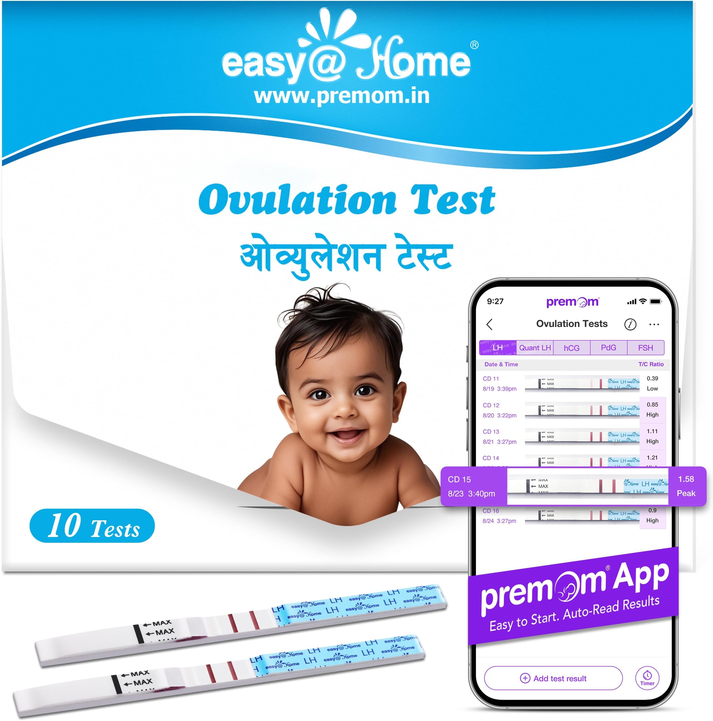 Easy@Home Ovulation Test Kit for Women, 10 Pack LH Test Strips, Fertility Predictor for Pregnancy Planning, Ovulation Tracker Powered by Premom iOS and Android App