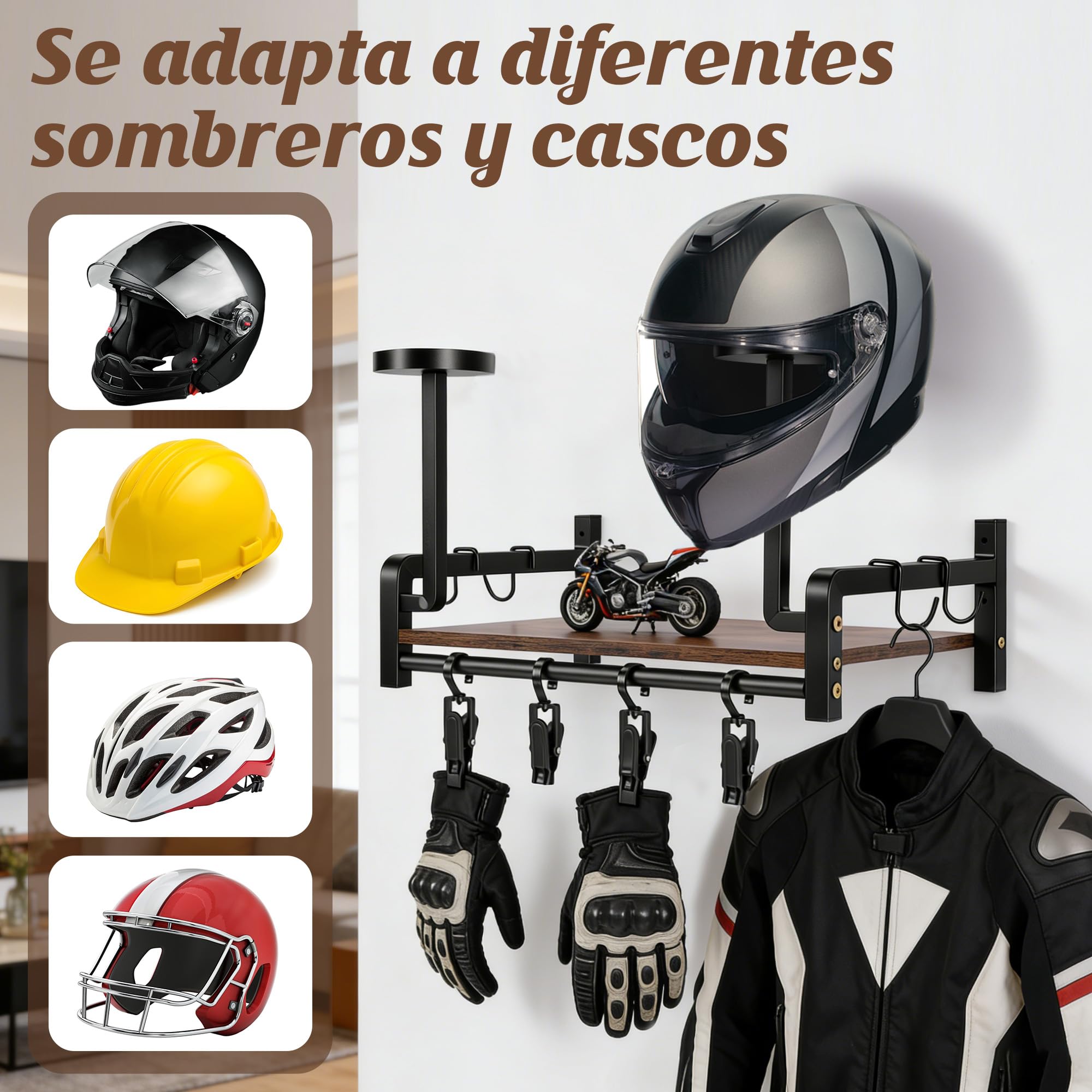 Soporte para Casco de Motocicleta, Soporte de Pared, Estante de Exhibición Rústico para Casco con Ganchos, Estante de Almacenamiento, Abrazadera para para Almacenamiento de (color nuez)