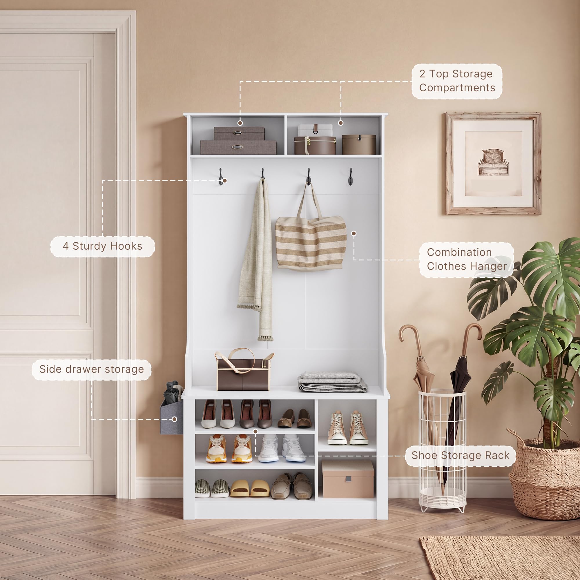 Xbro Garderobenständer mit Schuhbank, Flurgarderobe mit 4 Haken, 5 verstellbaren Schuhablagen & 2 Ablagen, Garderobenschrank mit Sitzbank, freistehende Garderobe Flur, 90x30x183 cm, Weiß