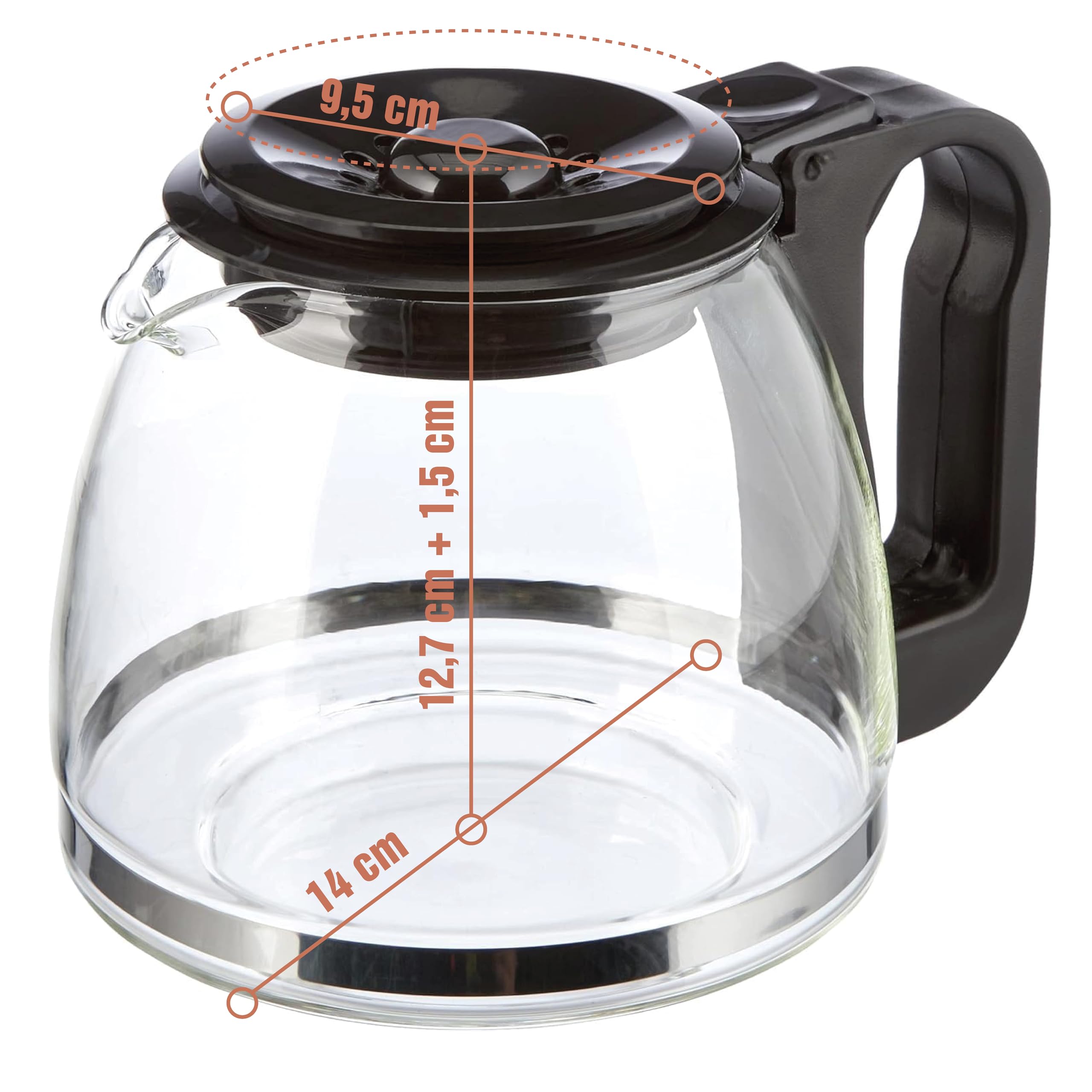 MGE - Caraffa in Vetro - Caffettiera Universale Conica con Coperchio Regolabile - Caraffa in Vetro per Macchina da Caffè - Caraffa Sostitutiva con Manico e Coperchio