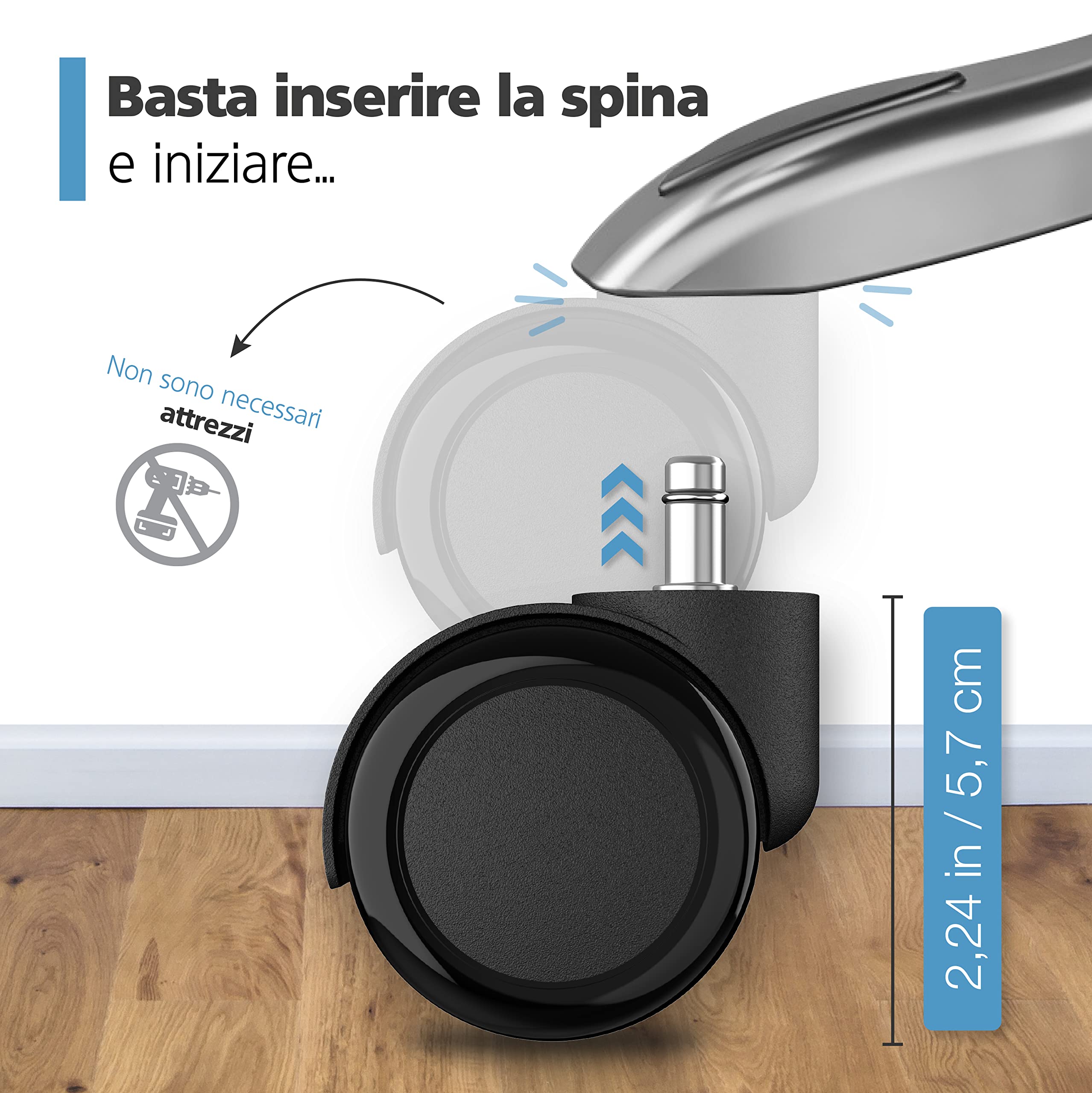 Set 5 Ruote Per Sedia Ufficio EGC 11mm X 60mm - Gommate Silenziose Per Pavimenti Duri | Made In Italy - Foto 9