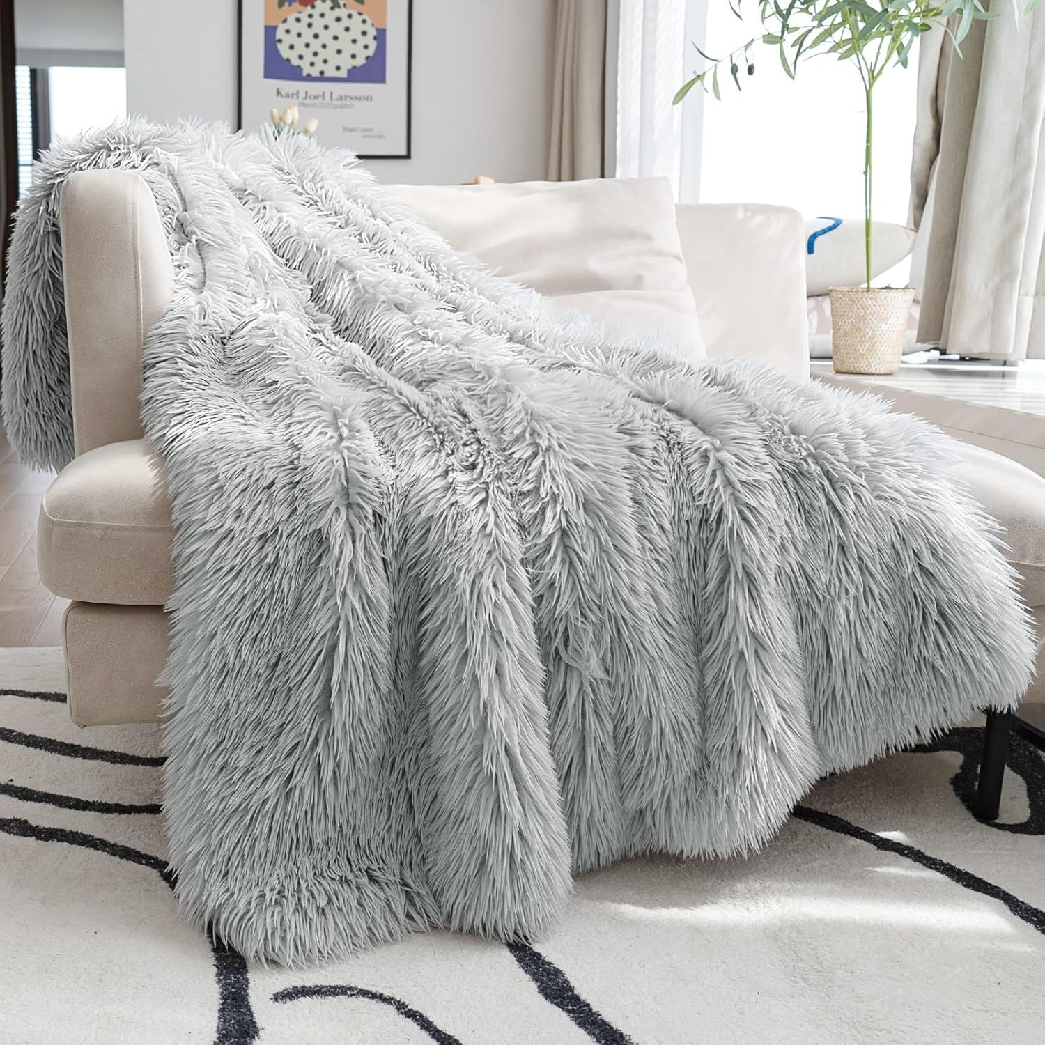 JONIYEAR Oversized Decorative Fluffy Faux Fur Throw Blanket Twin Size 60" x 71",Soft Large Luxury Lightweight Furry Blanket, Accent Cozy Shaggy Plush Thick Warm Fuzzy Blankets for Winter Bed Sofa,Grey