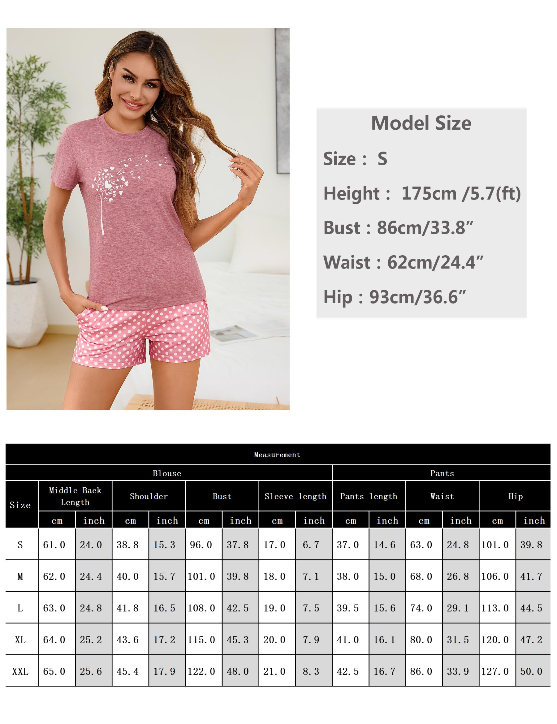 Uniexcosm Schlafanzug Damen Kurz Zweiteiler Pyjama Set Baumwolle Nachtwäsche Löwenzahnmuster Oberteil und Polka Dot Schlafshort Sleepshirt für Sommer